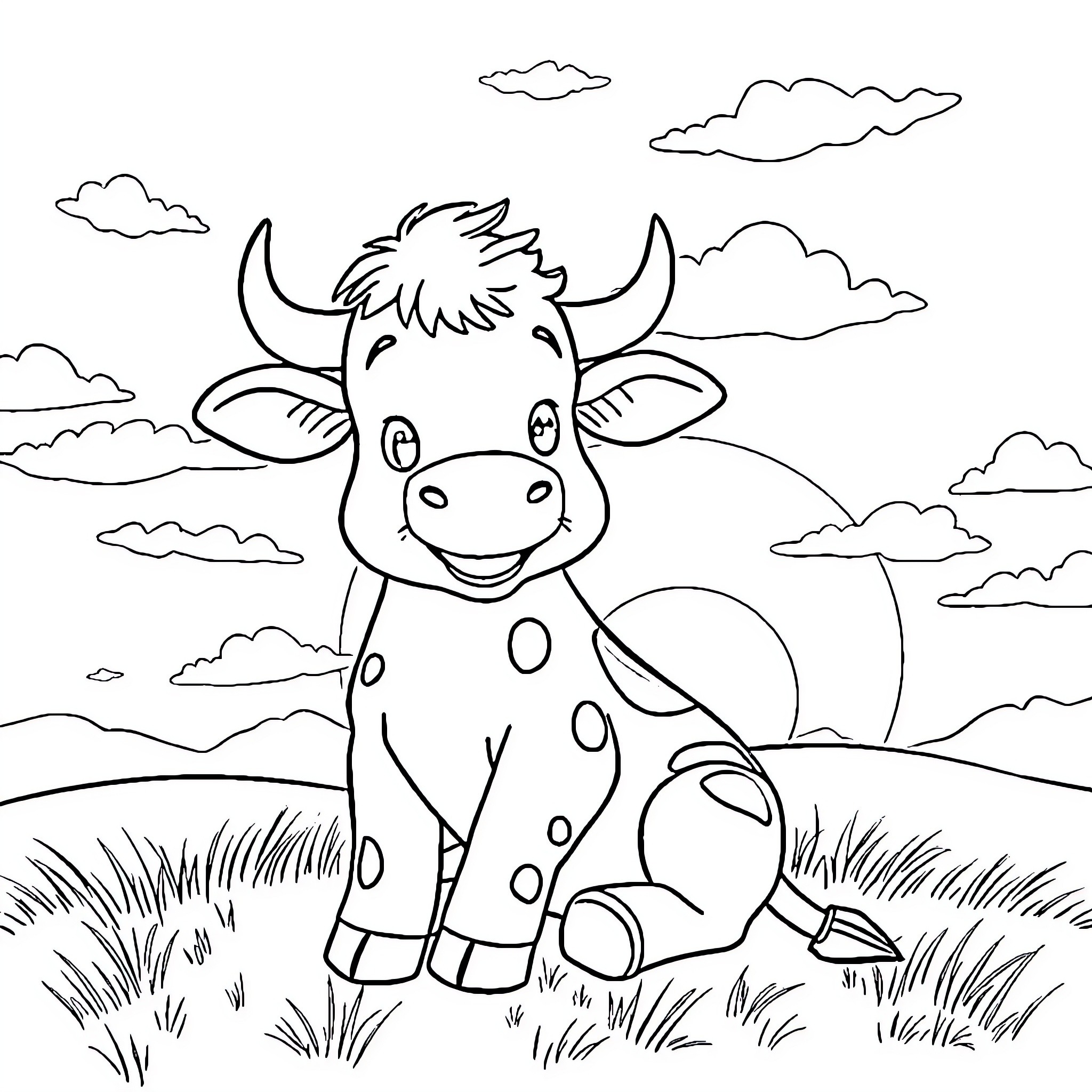 Highland Cow enjoying the sunny meadow Coloring Page (free black-and-white line drawing printable PDF for all, from beginners to advanced learners, including children, teens, adults, and seniors)