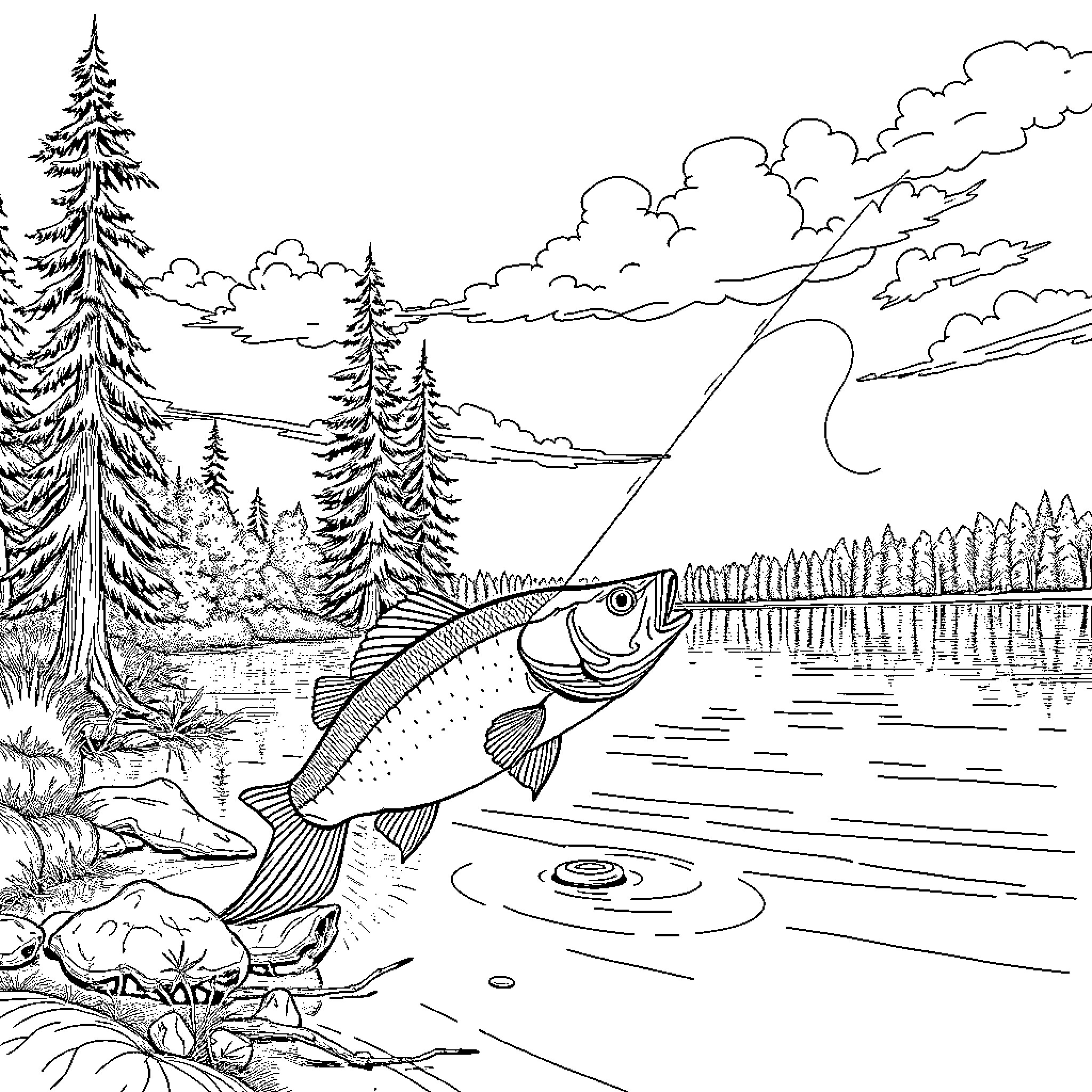 Bass fishing in serene forest landscape Coloring Page (free black-and-white line drawing printable PDF for all, from beginners to advanced learners, including children, teens, adults, and seniors)