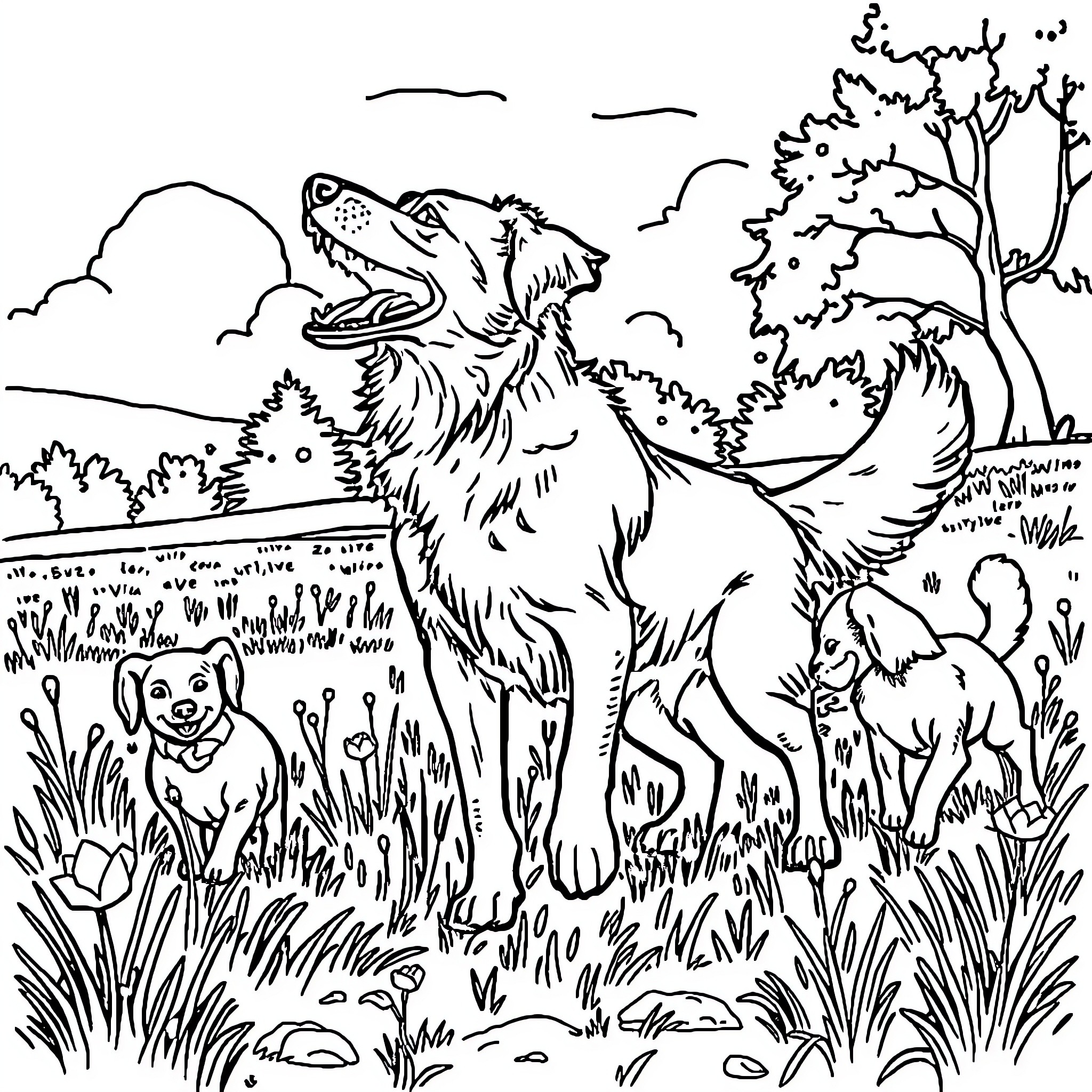 Hunting Dog Exploring the Wilderness Coloring Page (free black-and-white line drawing printable PDF for all, from beginners to advanced learners, including children, teens, adults, and seniors)