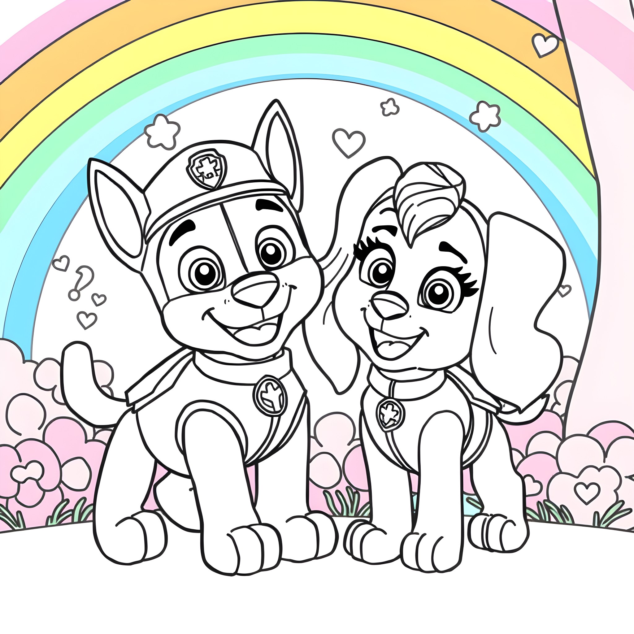 Paw Patrol Pups Enjoying Rainbows and Flowers Coloring Page (free black-and-white line drawing printable PDF for all, from beginners to advanced learners, including children, teens, adults, and seniors)