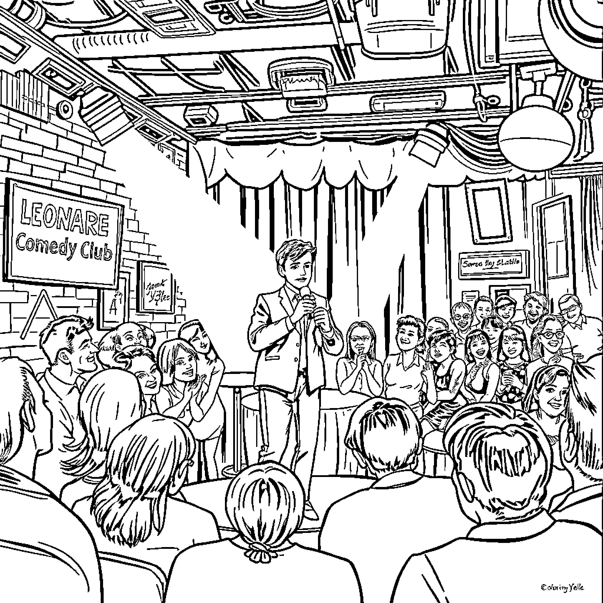 Leonard Yelle Performs Comedy Show for Audience Coloring Page (free black-and-white line drawing printable PDF for all, from beginners to advanced learners, including children, teens, adults, and seniors)