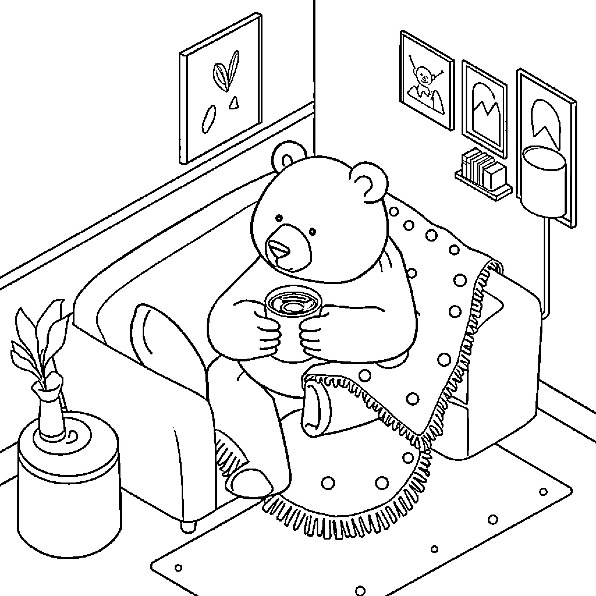 Bear relaxing in a cozy home setting Coloring Page (free black-and-white line drawing printable PDF for all, from beginners to advanced learners, including children, teens, adults, and seniors)