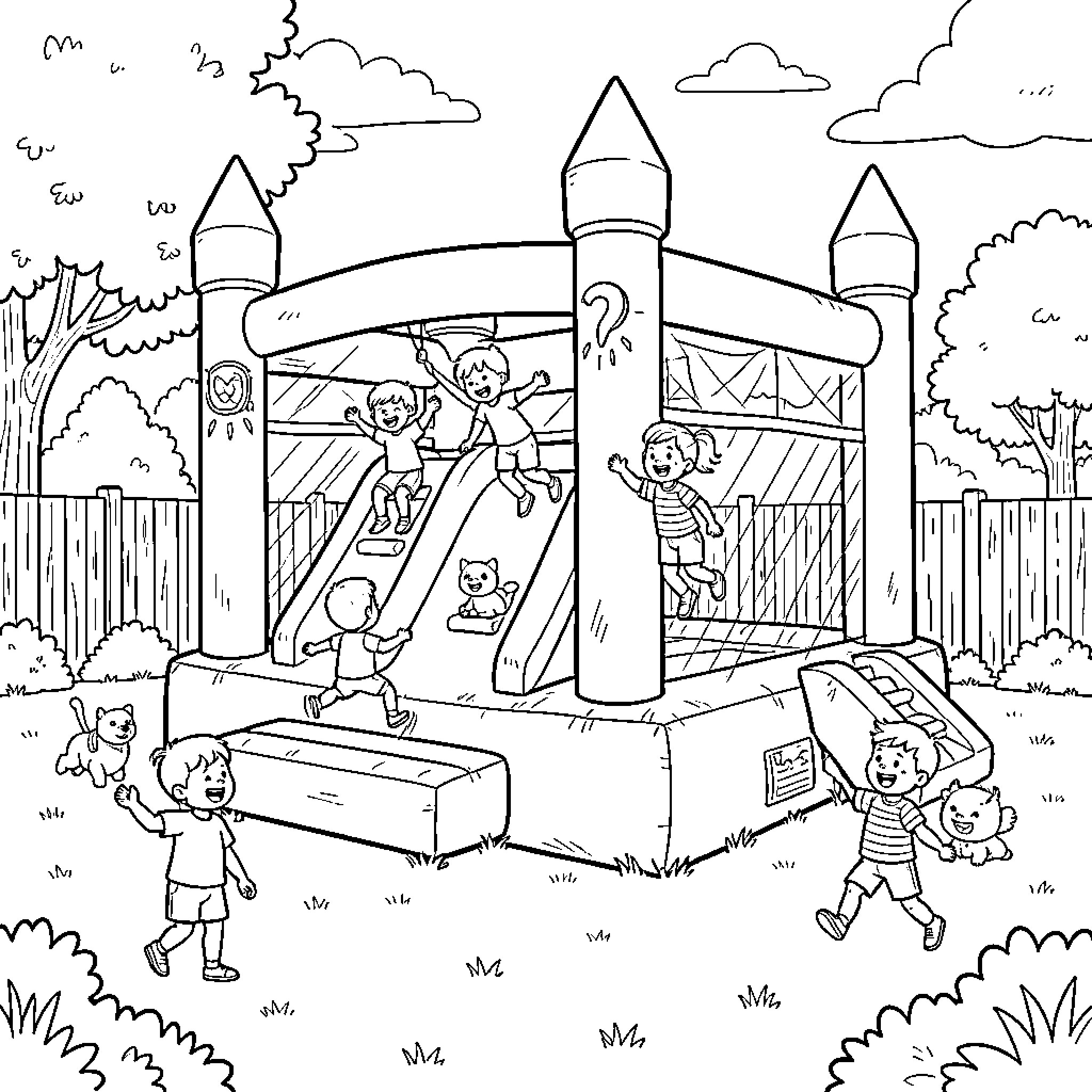 Bounce House with happy children playing and jumping Coloring Page (free black-and-white line drawing printable PDF for all, from beginners to advanced learners, including children, teens, adults, and seniors)
