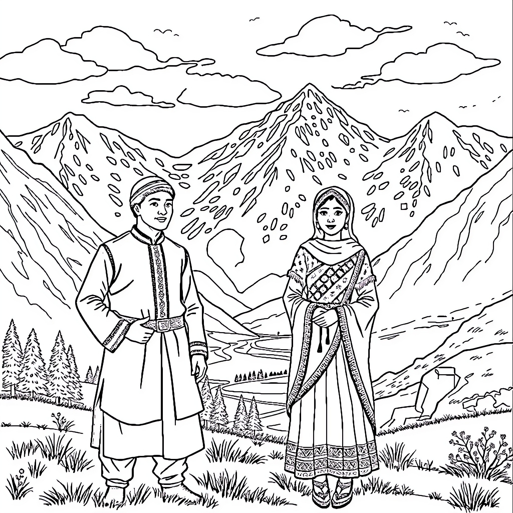 Kashmiri Man and Woman in Traditional Attire Admiring Scenic Mountain Landscape Coloring Page (free black-and-white line drawing printable PDF for all, from beginners to advanced learners, including children, teens, adults, and seniors)