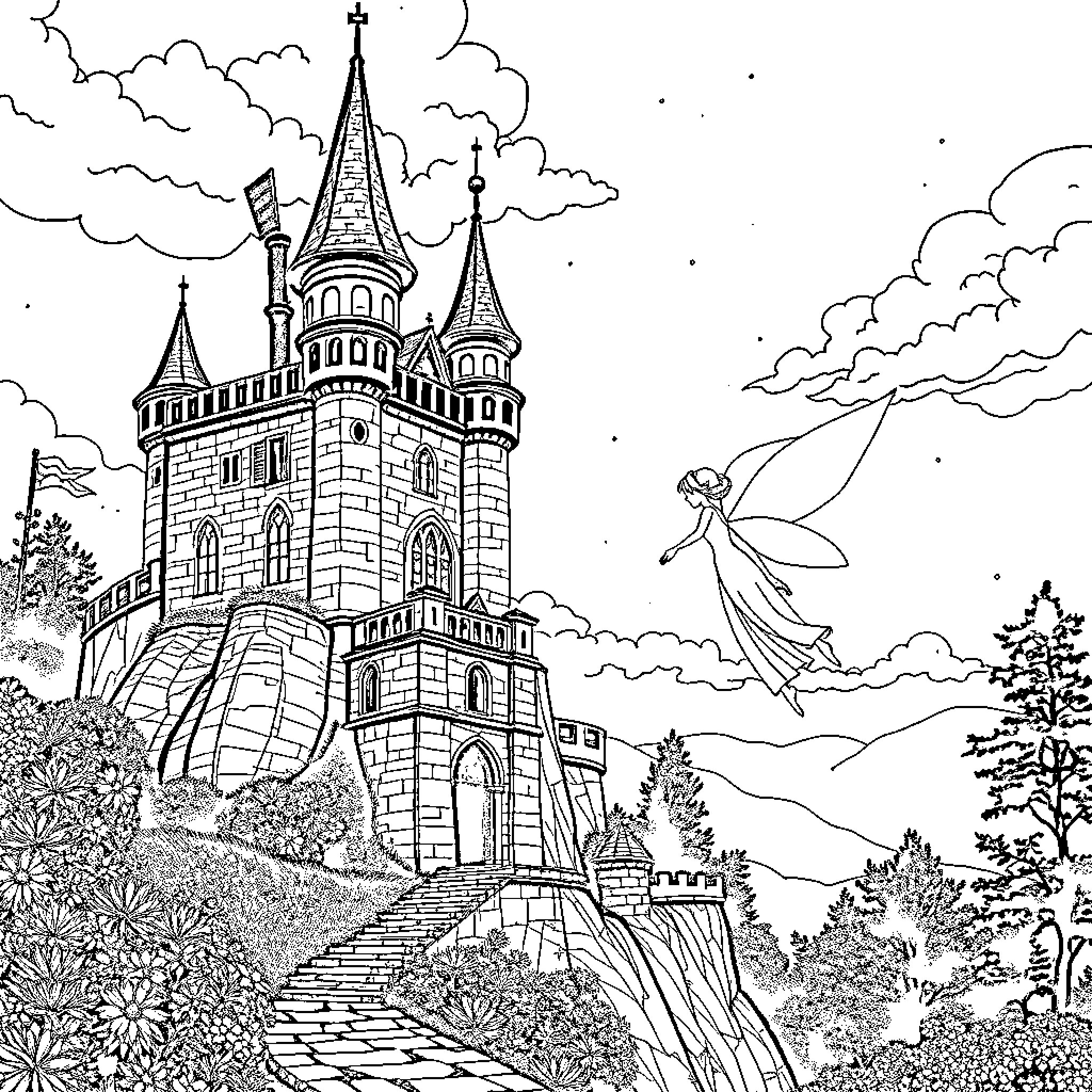 Feeamazing Fairy Castle in the Enchanted Woods Coloring Page (free black-and-white line drawing printable PDF for all, from beginners to advanced learners, including children, teens, adults, and seniors)