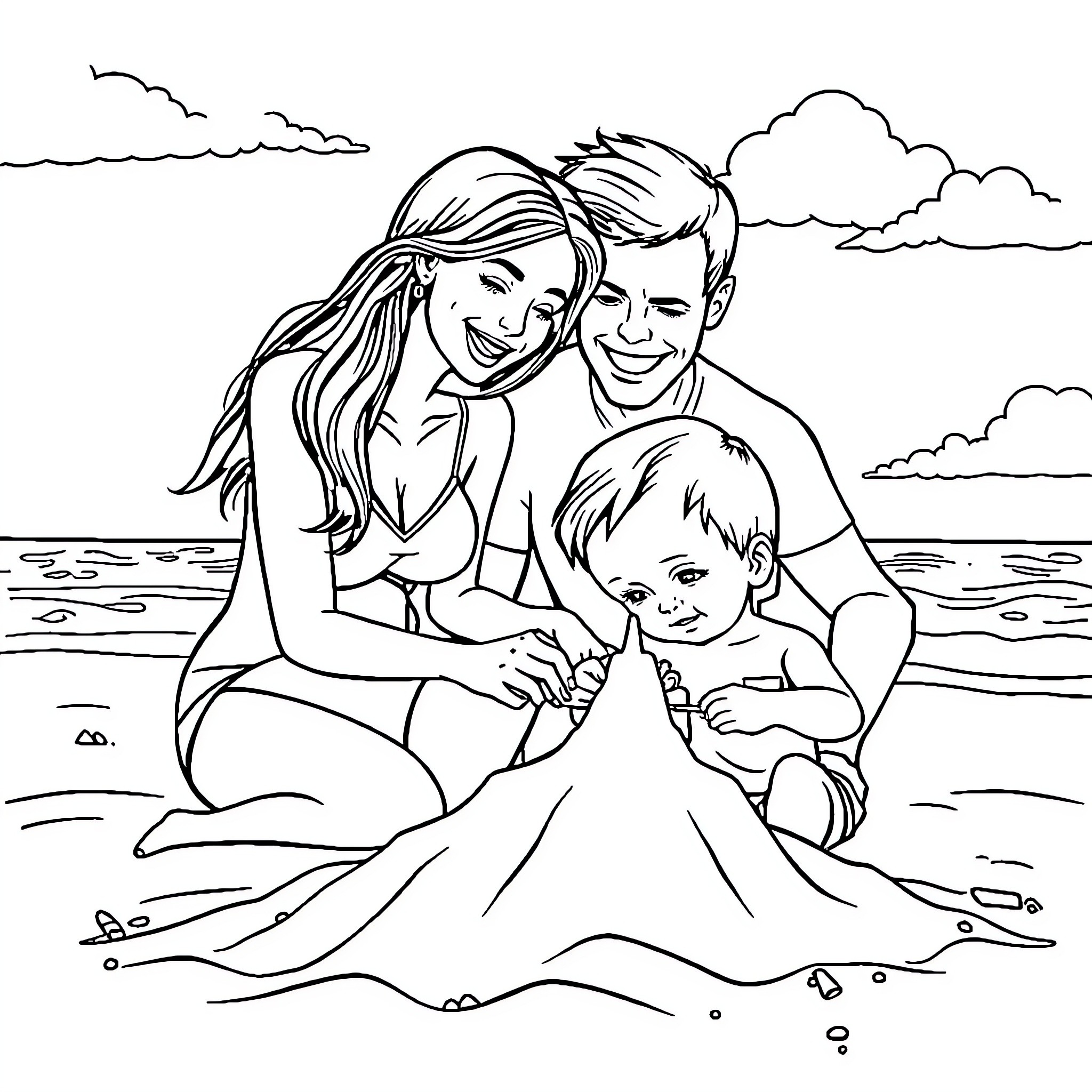 Family enjoying a day at the beach Coloring Page (free black-and-white line drawing printable PDF for all, from beginners to advanced learners, including children, teens, adults, and seniors)