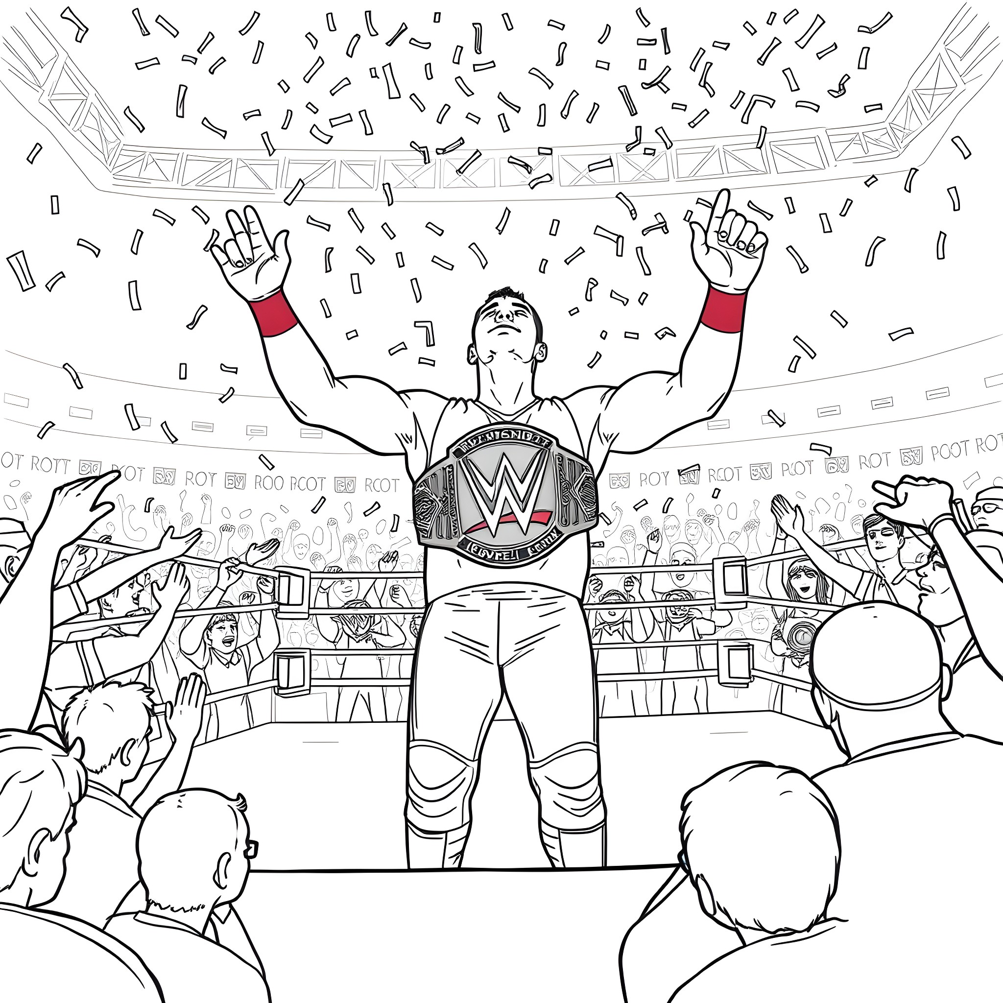 John Cena Celebrating Victory in the Wrestling Ring Coloring Page (free black-and-white line drawing printable PDF for all, from beginners to advanced learners, including children, teens, adults, and seniors)