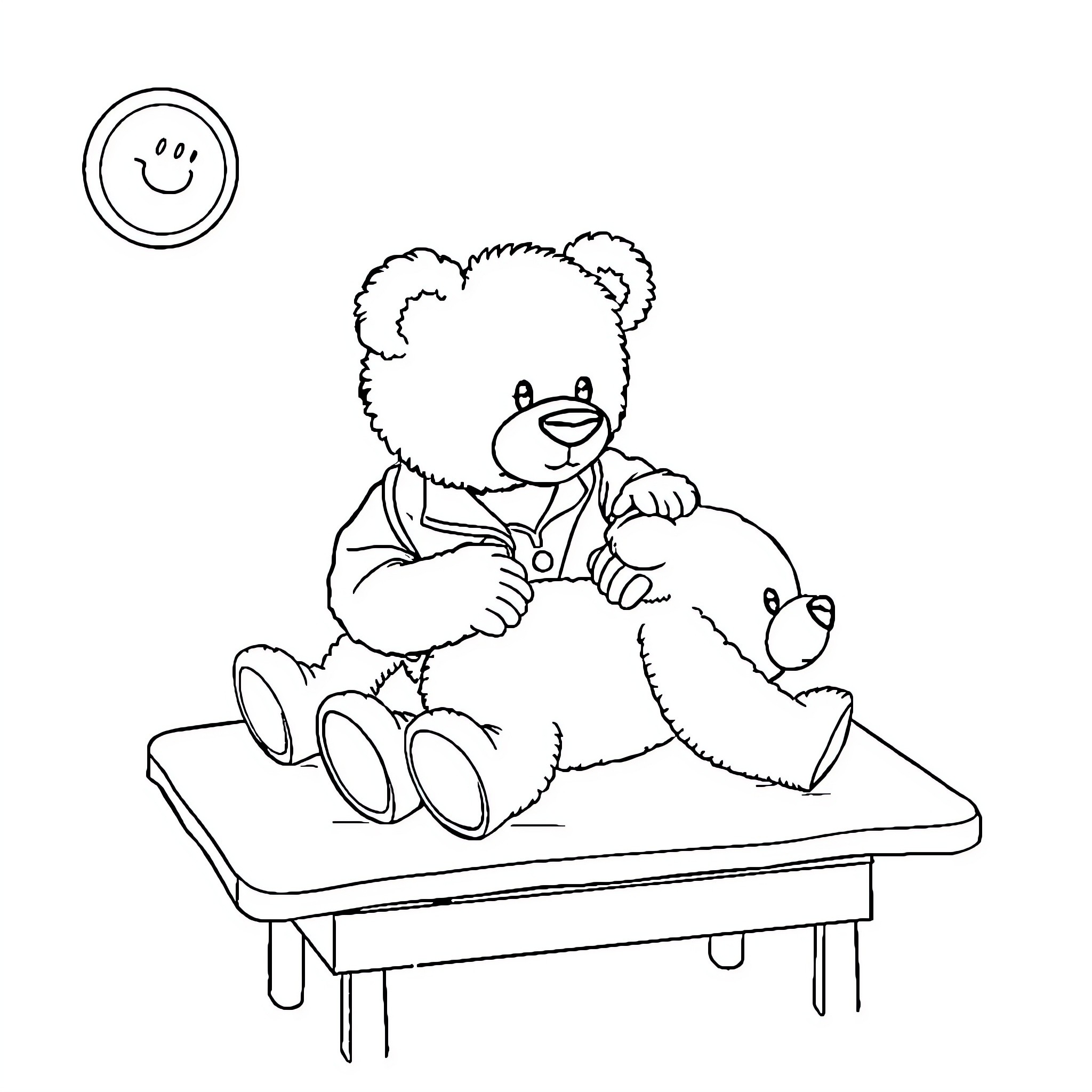 Teddy Bear sitting on a bench with a friend Coloring Page (free black-and-white line drawing printable PDF for all, from beginners to advanced learners, including children, teens, adults, and seniors)