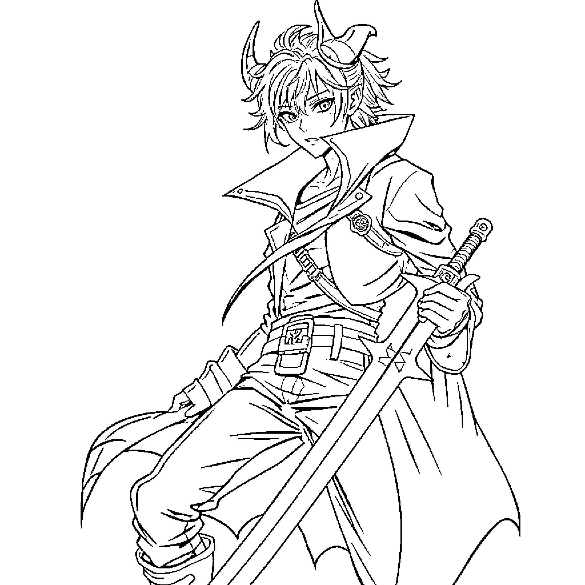 Kpop Demon Hunter Wielding a Sword in Heroic Pose Coloring Page (free black-and-white line drawing printable PDF for all, from beginners to advanced learners, including children, teens, adults, and seniors)