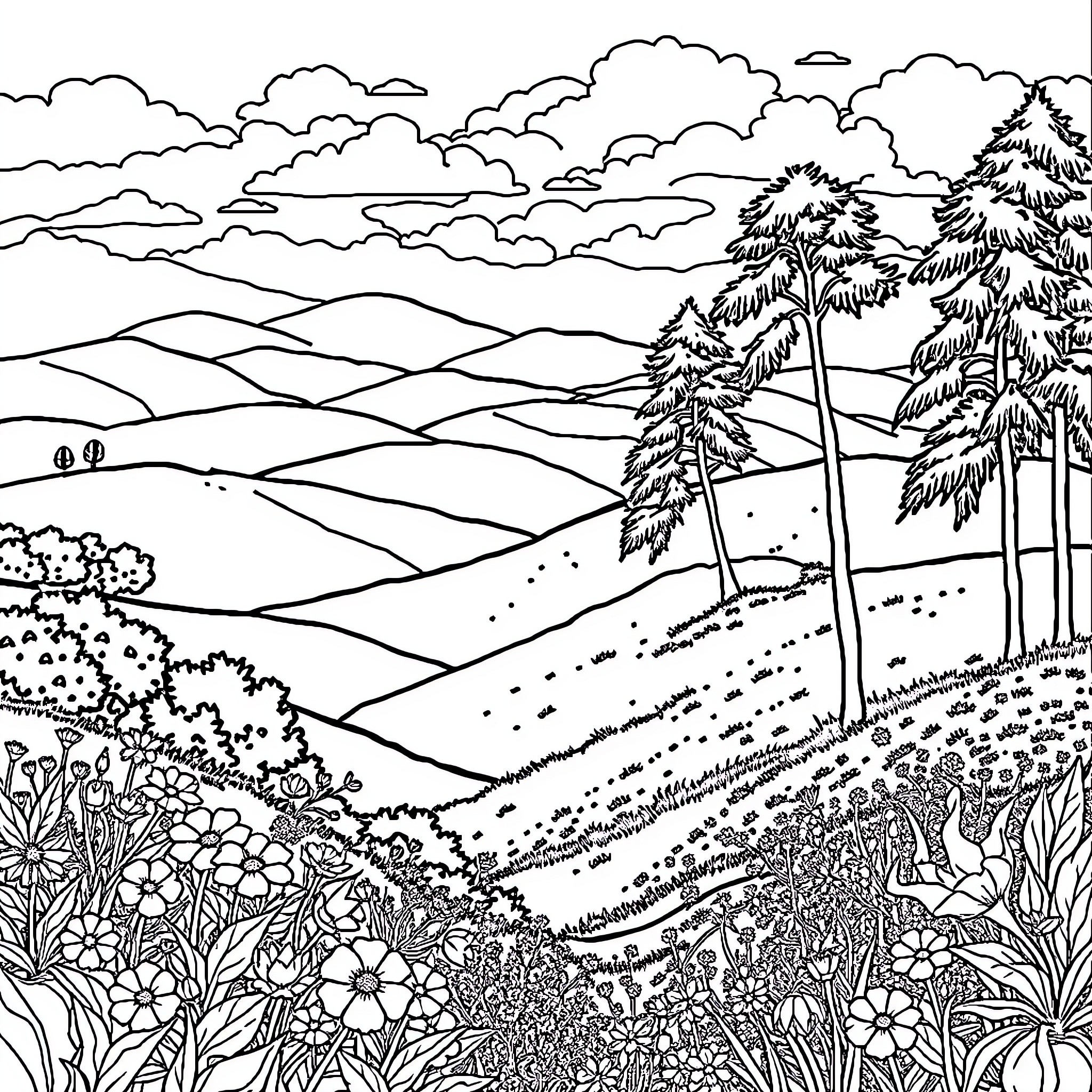 Nature's Tranquil Landscape with Lush Vegetation Coloring Page (free black-and-white line drawing printable PDF for all, from beginners to advanced learners, including children, teens, adults, and seniors)