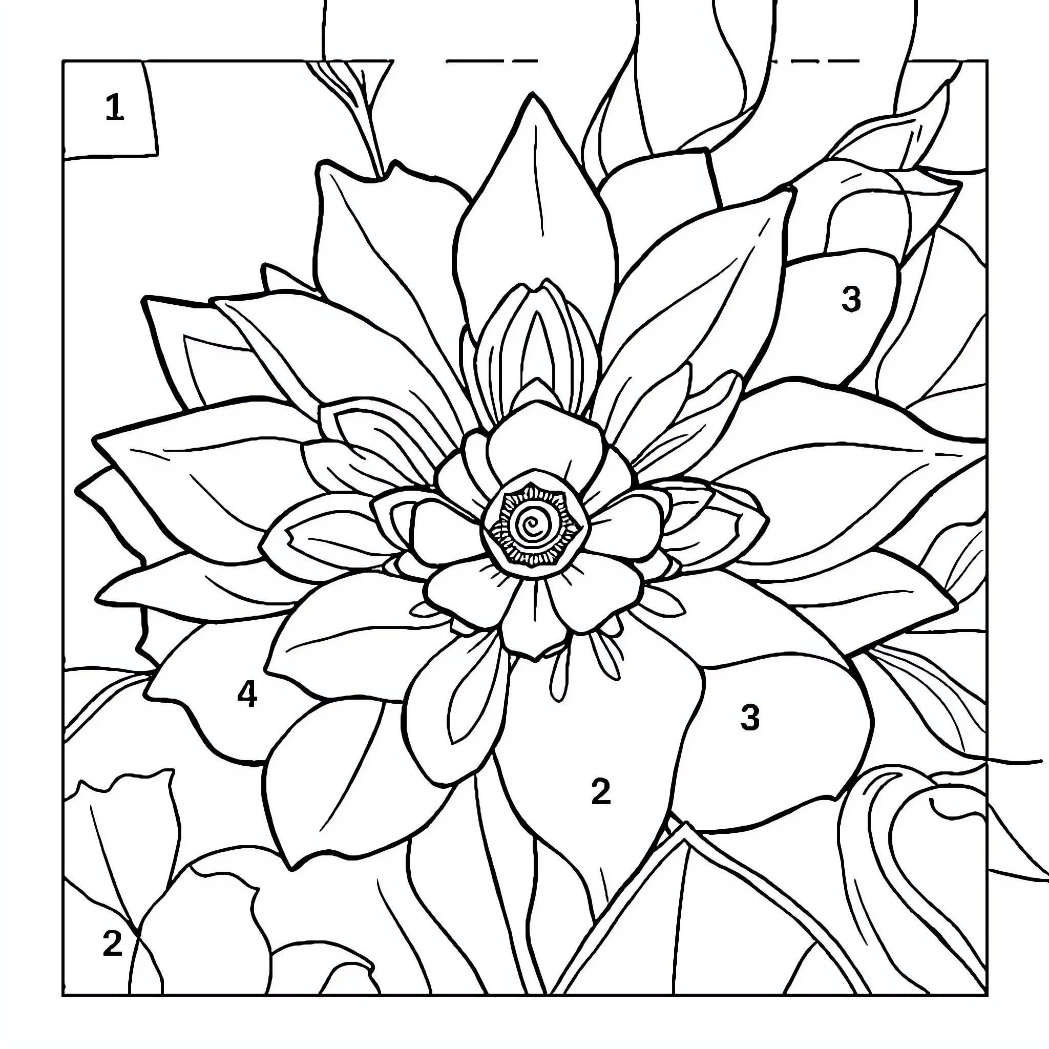 Color By Number Floral Design with Numbered Shapes Coloring Page (free black-and-white line drawing printable PDF for all, from beginners to advanced learners, including children, teens, adults, and seniors)
