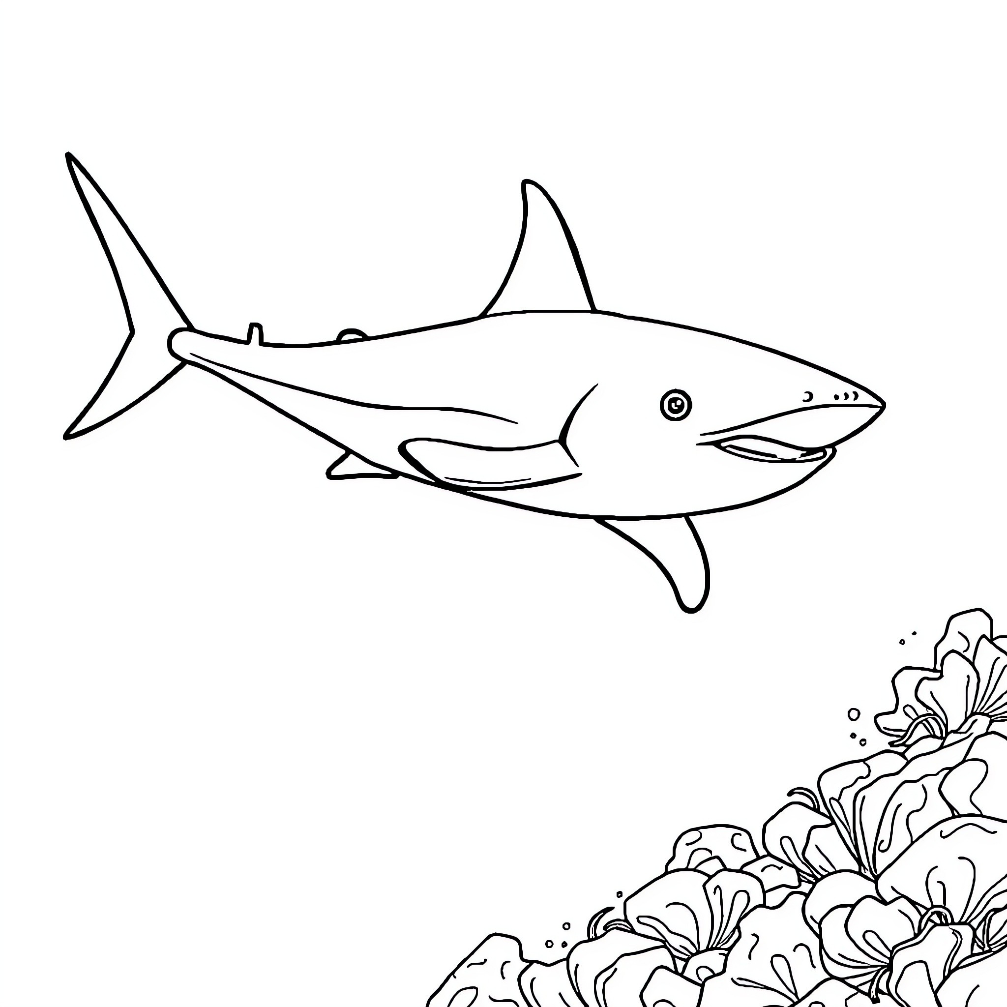Shark swimming amongst coral reefs Coloring Page (free black-and-white line drawing printable PDF for all, from beginners to advanced learners, including children, teens, adults, and seniors)