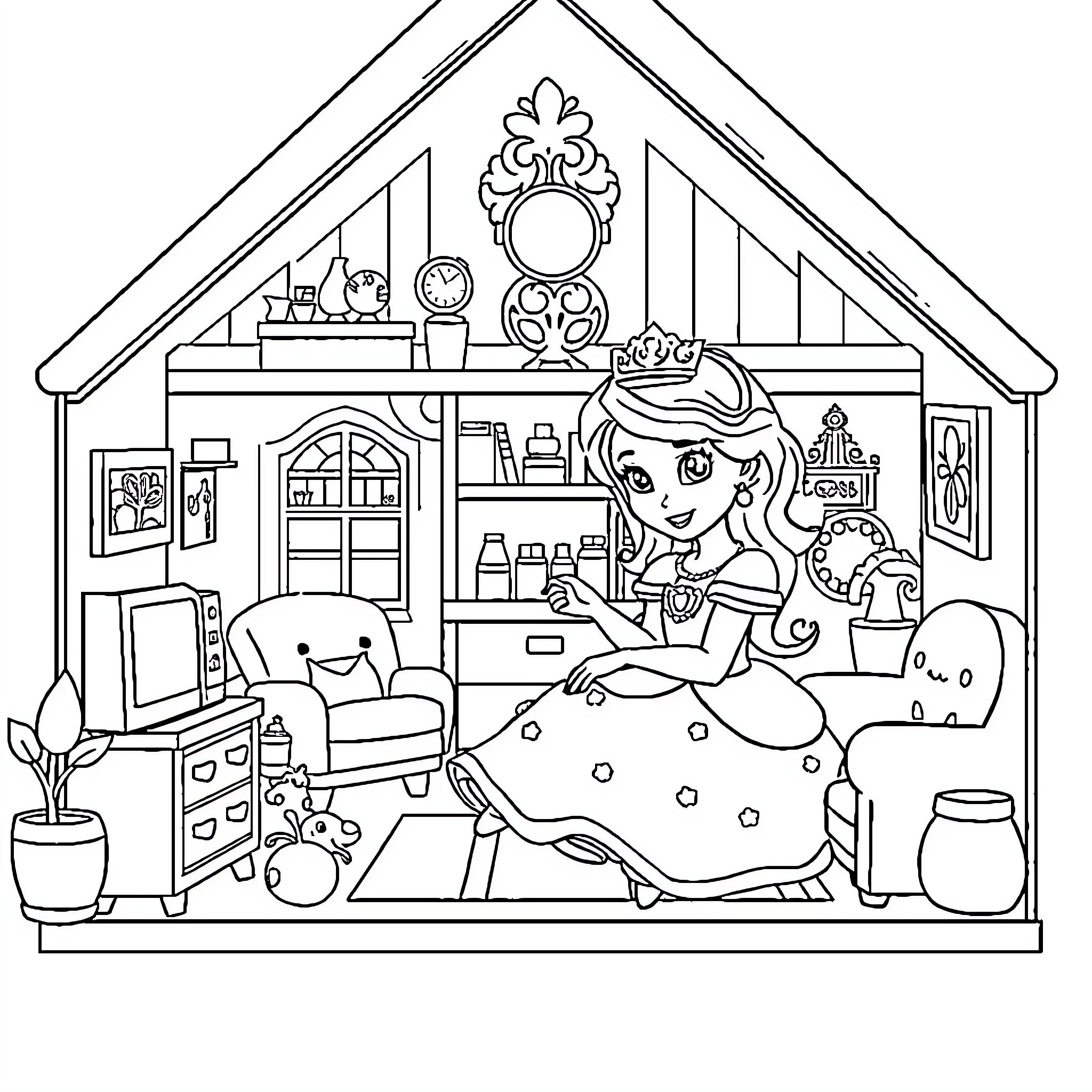 Princess explores her cozy cottage abode Coloring Page (free black-and-white line drawing printable PDF for all, from beginners to advanced learners, including children, teens, adults, and seniors)