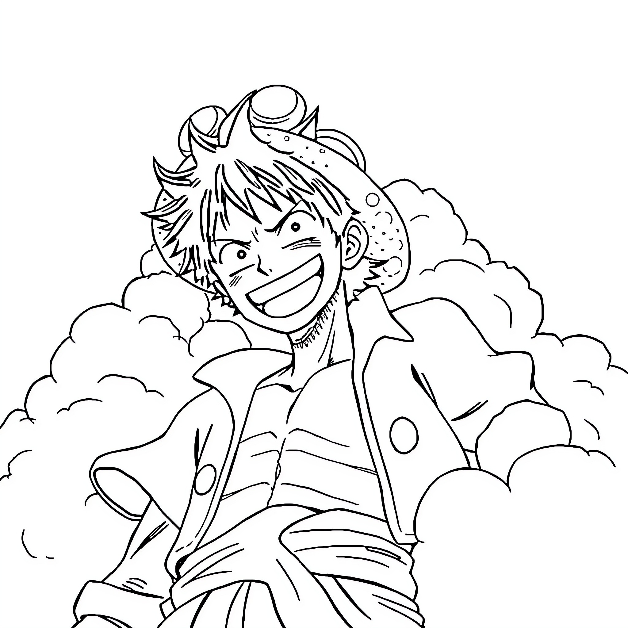 Luffy's Exuberant Adventure in the Clouds Coloring Page (free black-and-white line drawing printable PDF for all, from beginners to advanced learners, including children, teens, adults, and seniors)