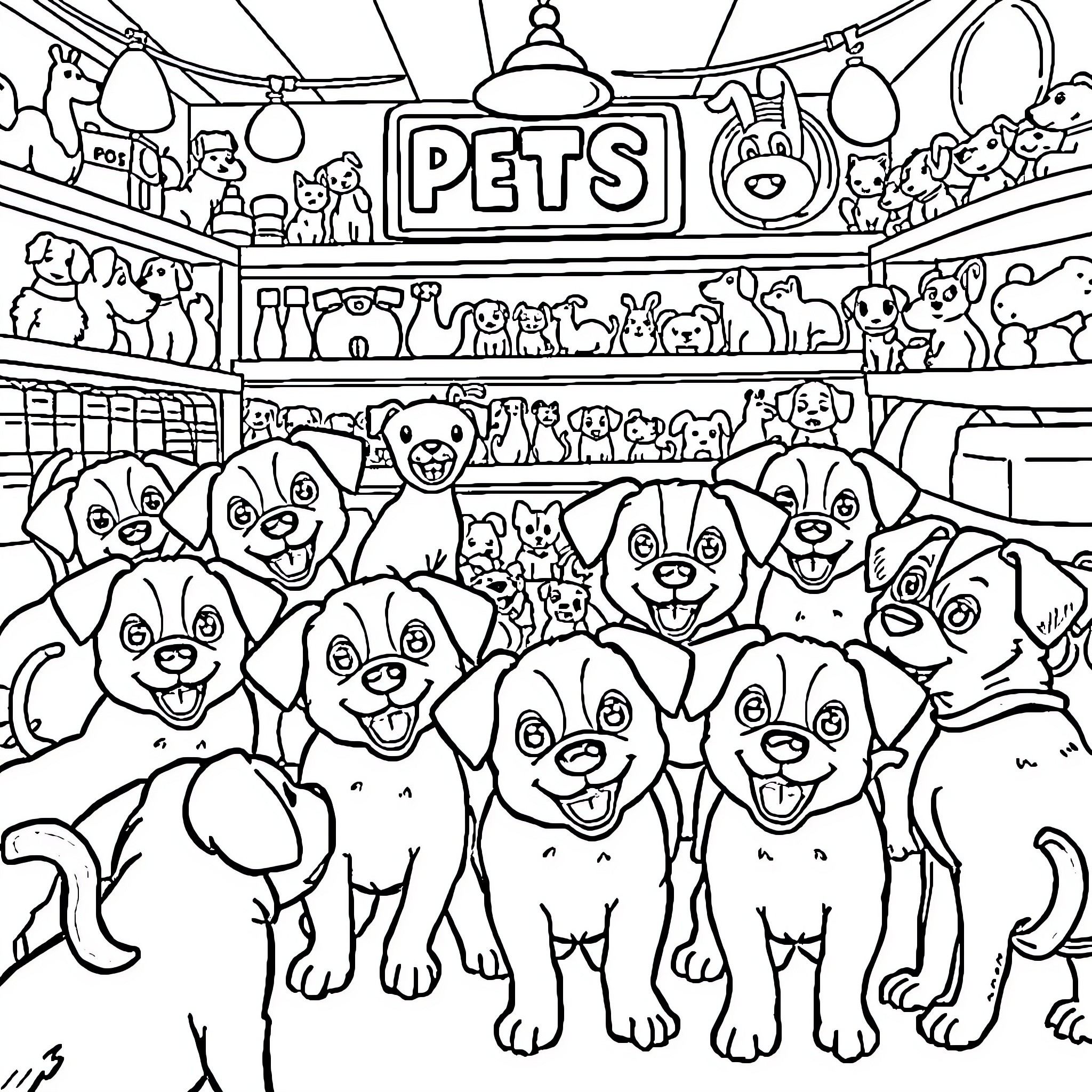 Puppy Playtime at the Pet Store Coloring Page (free black-and-white line drawing printable PDF for all, from beginners to advanced learners, including children, teens, adults, and seniors)