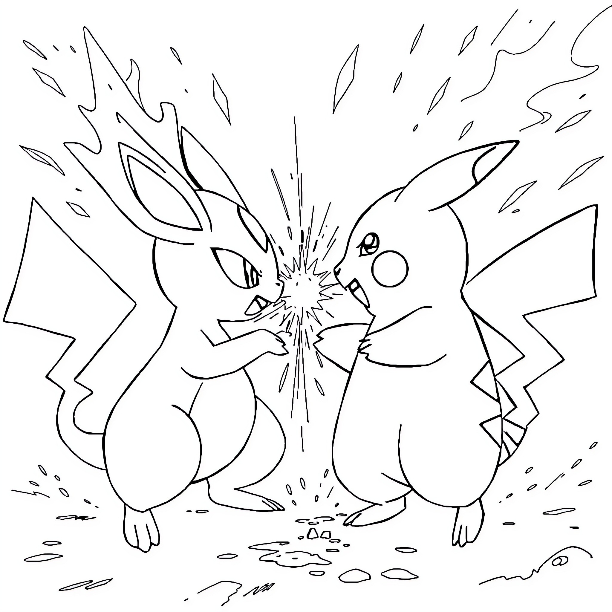 Pikachu Duo Discharging Electricity Coloring Page (free black-and-white line drawing printable PDF for all, from beginners to advanced learners, including children, teens, adults, and seniors)