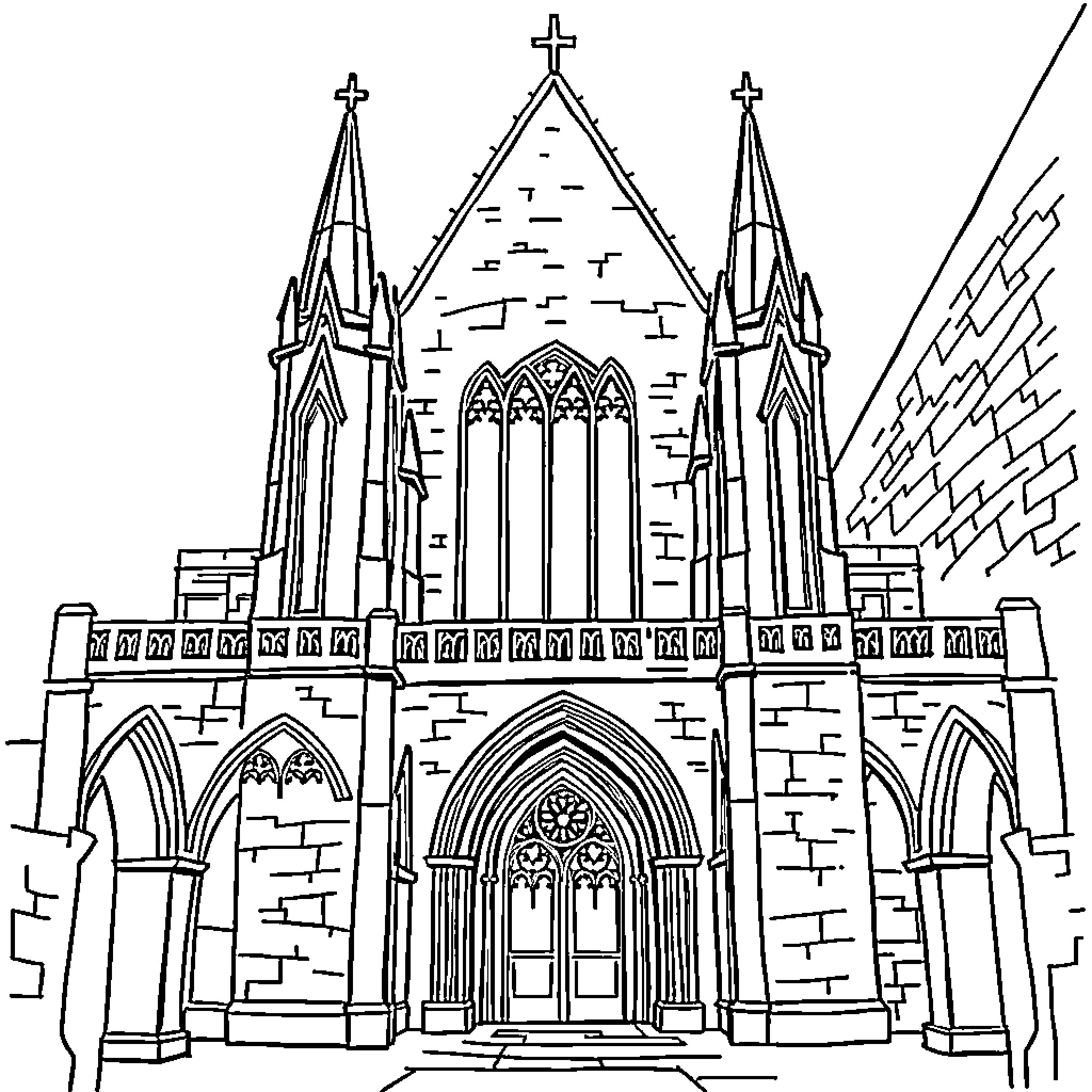 Gothic Cathedral with Ornate Architectural Elements Coloring Page (free black-and-white line drawing printable PDF for all, from beginners to advanced learners, including children, teens, adults, and seniors)