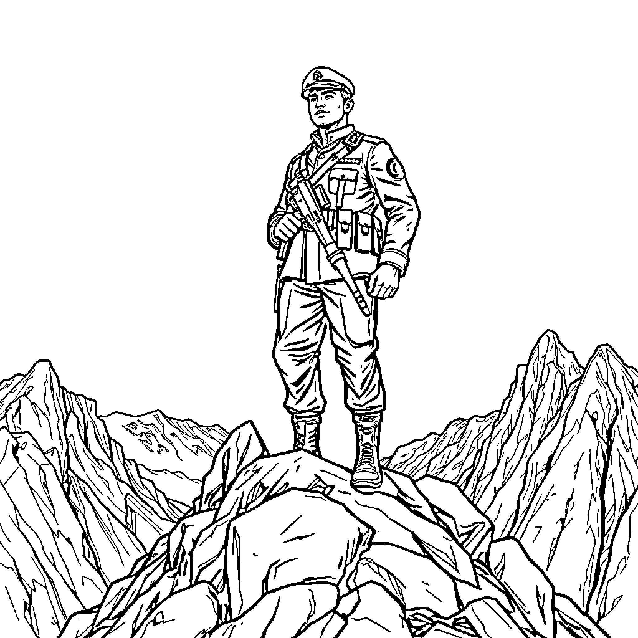 Soldier stands firm atop rugged mountain terrain Coloring Page (free black-and-white line drawing printable PDF for all, from beginners to advanced learners, including children, teens, adults, and seniors)