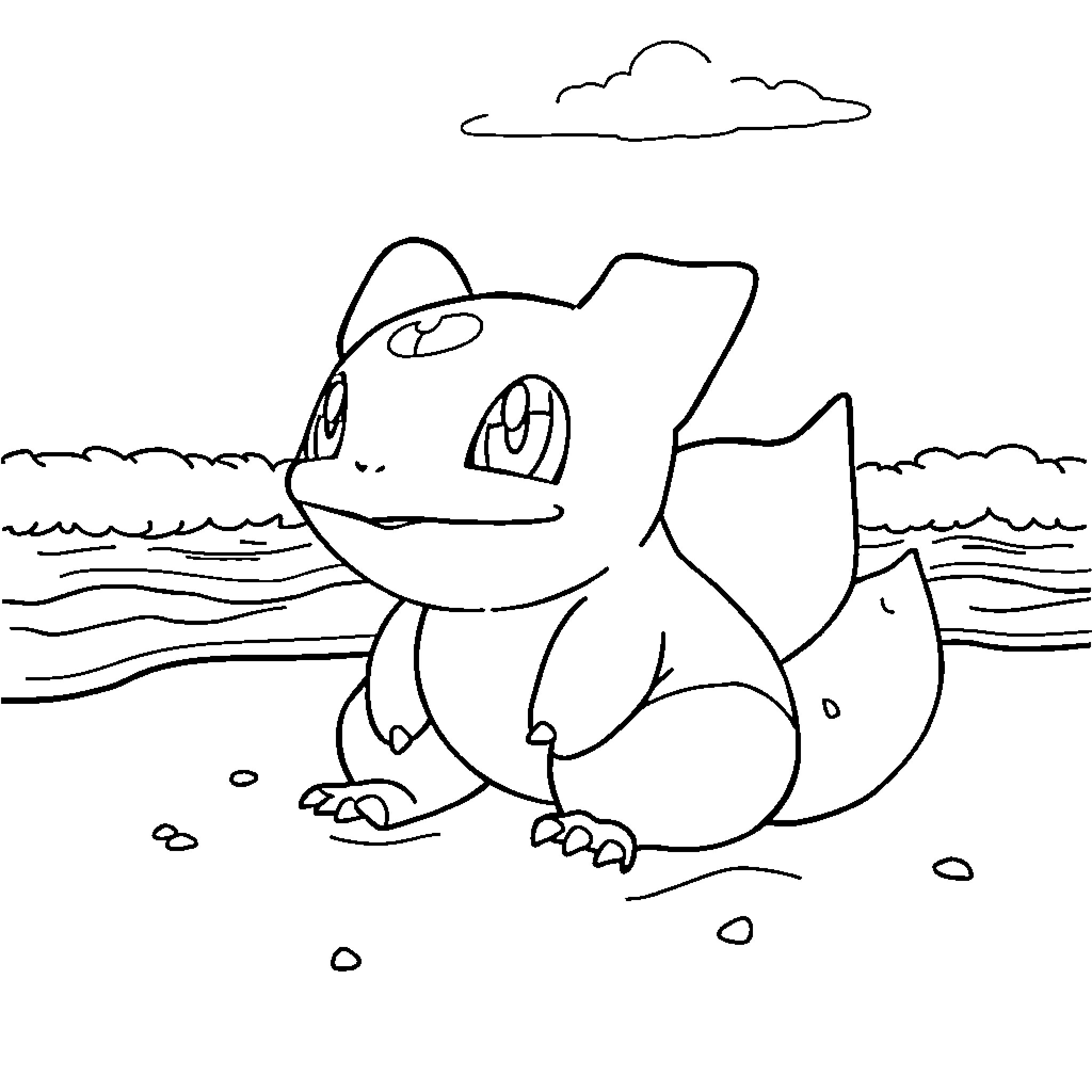 Bulbasaur enjoying a beach day Coloring Page (free black-and-white line drawing printable PDF for all, from beginners to advanced learners, including children, teens, adults, and seniors)