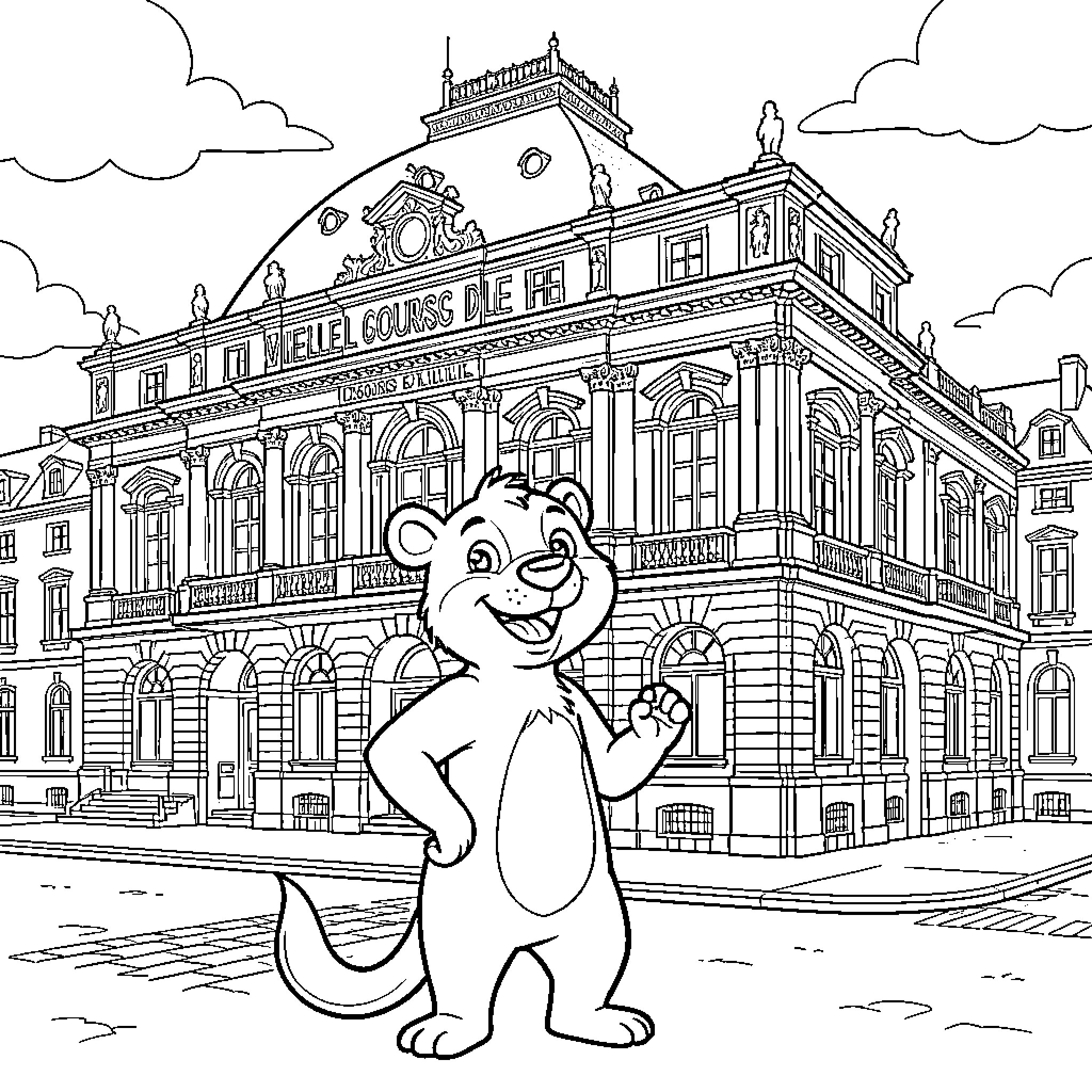 Baloo standing and waving in front of a grand building Coloring Page (free black-and-white line drawing printable PDF for all, from beginners to advanced learners, including children, teens, adults, and seniors)