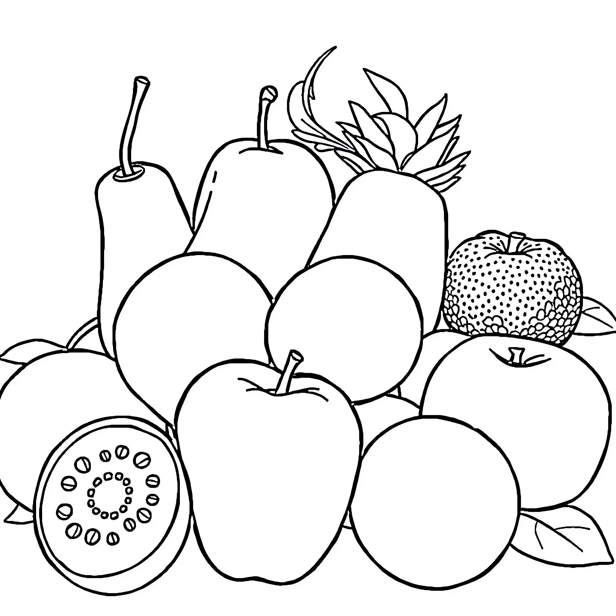 Fruit Assortment with Diverse Shapes and Textures Coloring Page (free black-and-white line drawing printable PDF for all, from beginners to advanced learners, including children, teens, adults, and seniors)