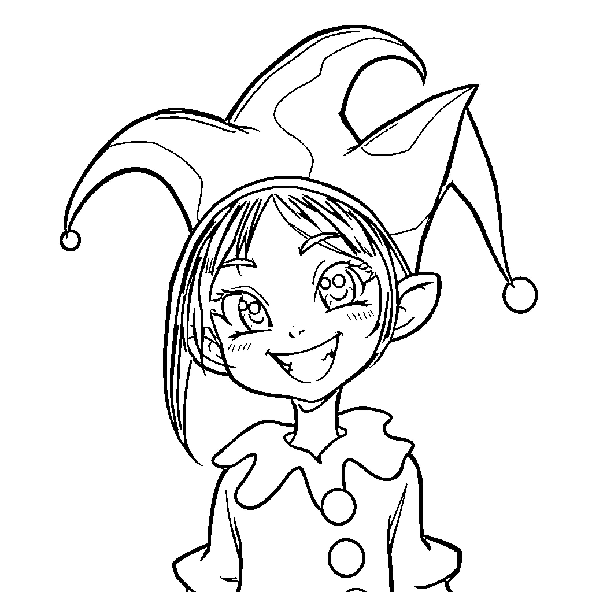 Kuromi in Jester-Inspired Costume and Playful Pose Coloring Page (free black-and-white line drawing printable PDF for all, from beginners to advanced learners, including children, teens, adults, and seniors)