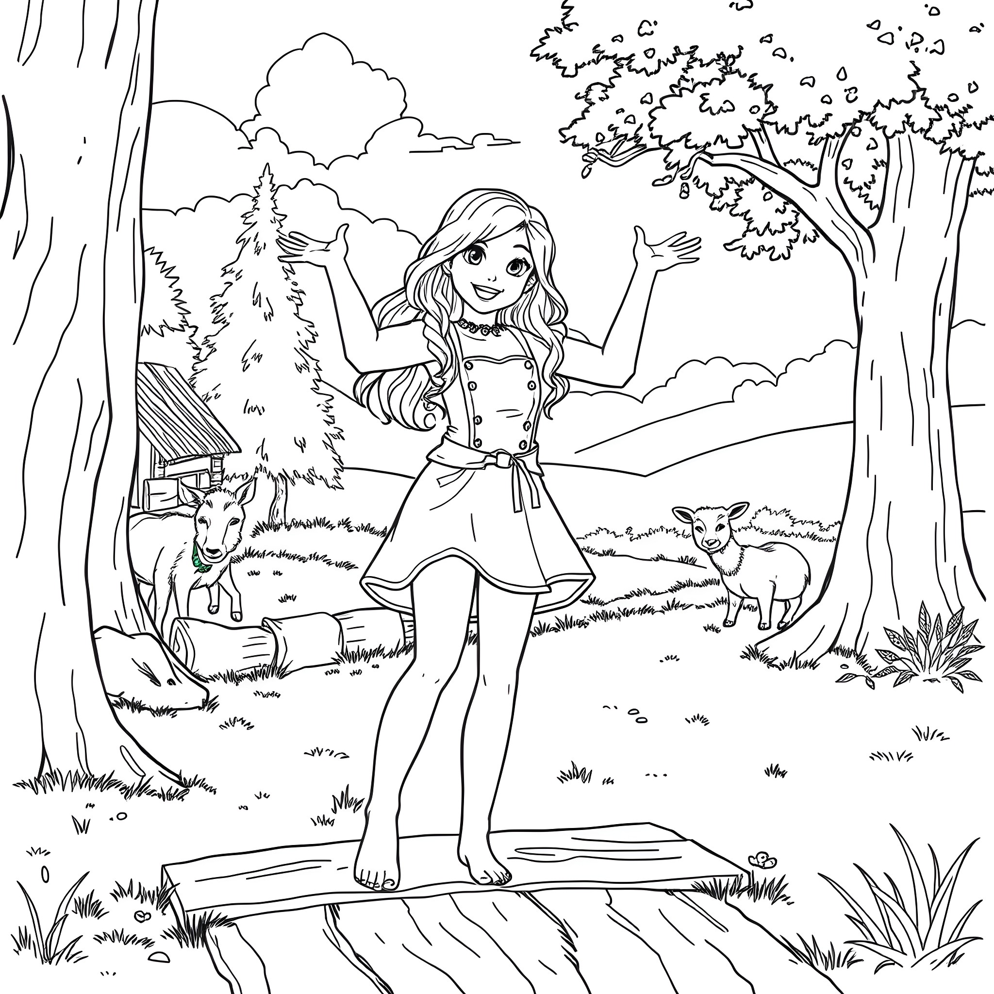 Sabrina Carpenter enjoys peaceful outdoor scenery Coloring Page (free black-and-white line drawing printable PDF for all, from beginners to advanced learners, including children, teens, adults, and seniors)