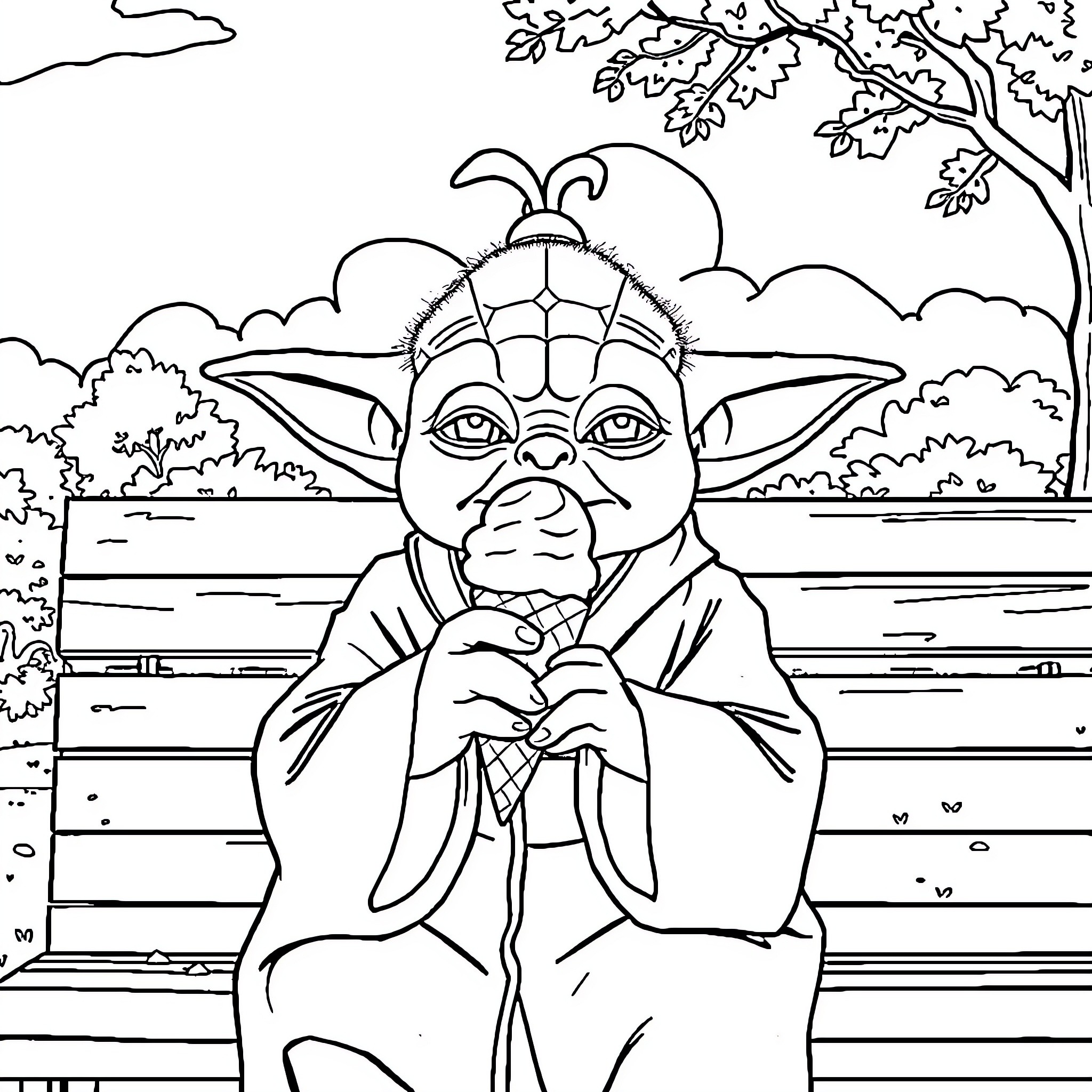 Yoda sitting thoughtfully in nature Coloring Page (free black-and-white line drawing printable PDF for all, from beginners to advanced learners, including children, teens, adults, and seniors)
