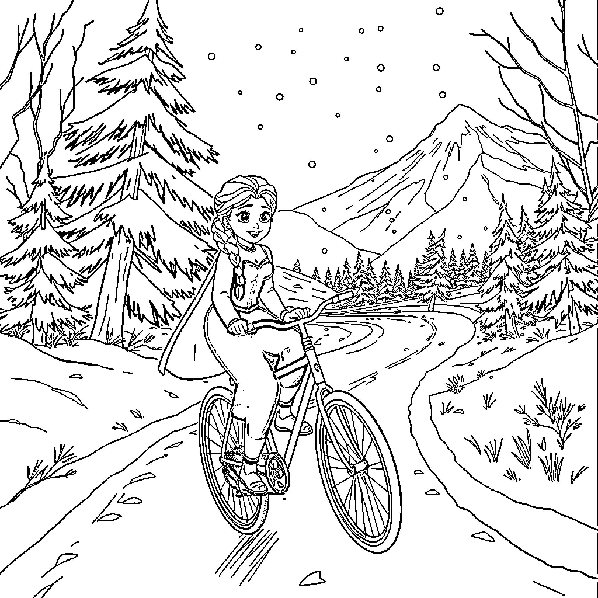 Frozen winter scene with girl on bicycle Coloring Page (free black-and-white line drawing printable PDF for all, from beginners to advanced learners, including children, teens, adults, and seniors)