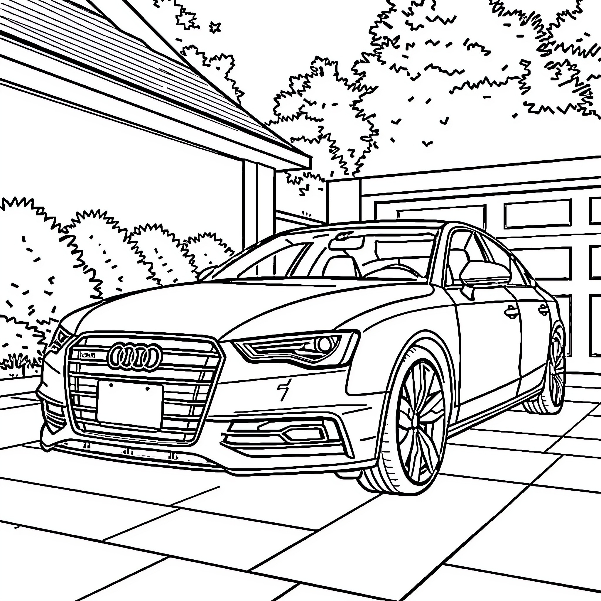 Audi luxury sedan parked in driveway Coloring Page (free black-and-white line drawing printable PDF for all, from beginners to advanced learners, including children, teens, adults, and seniors)