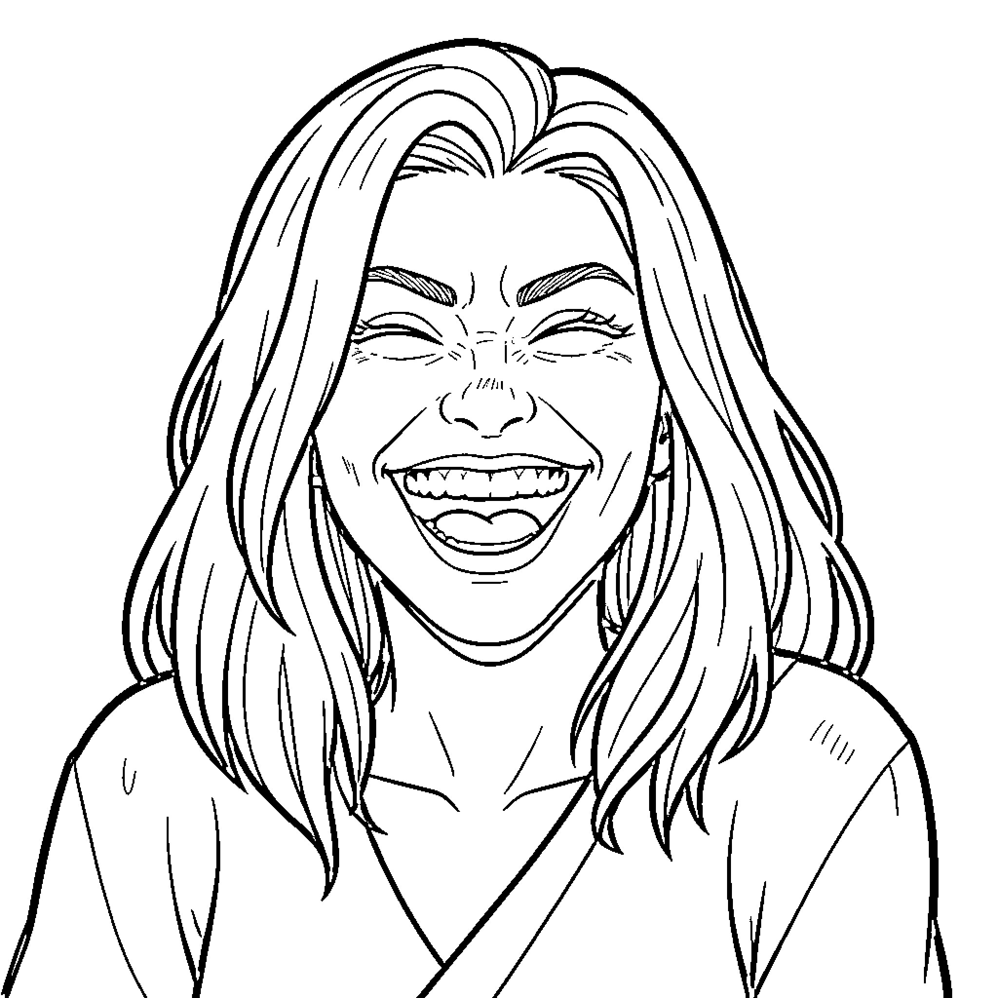 Rogue woman laughing joyfully with eyes closed Coloring Page (free black-and-white line drawing printable PDF for all, from beginners to advanced learners, including children, teens, adults, and seniors)