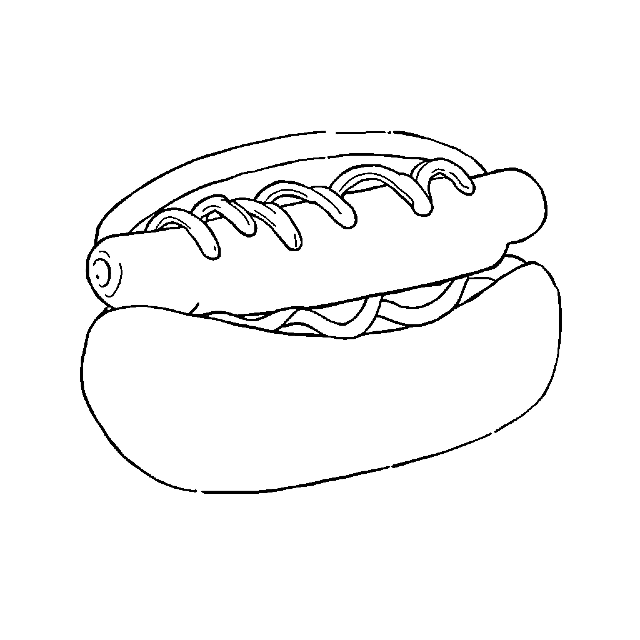 Weiner dog in a bun enjoying snack Coloring Page (free black-and-white line drawing printable PDF for all, from beginners to advanced learners, including children, teens, adults, and seniors)