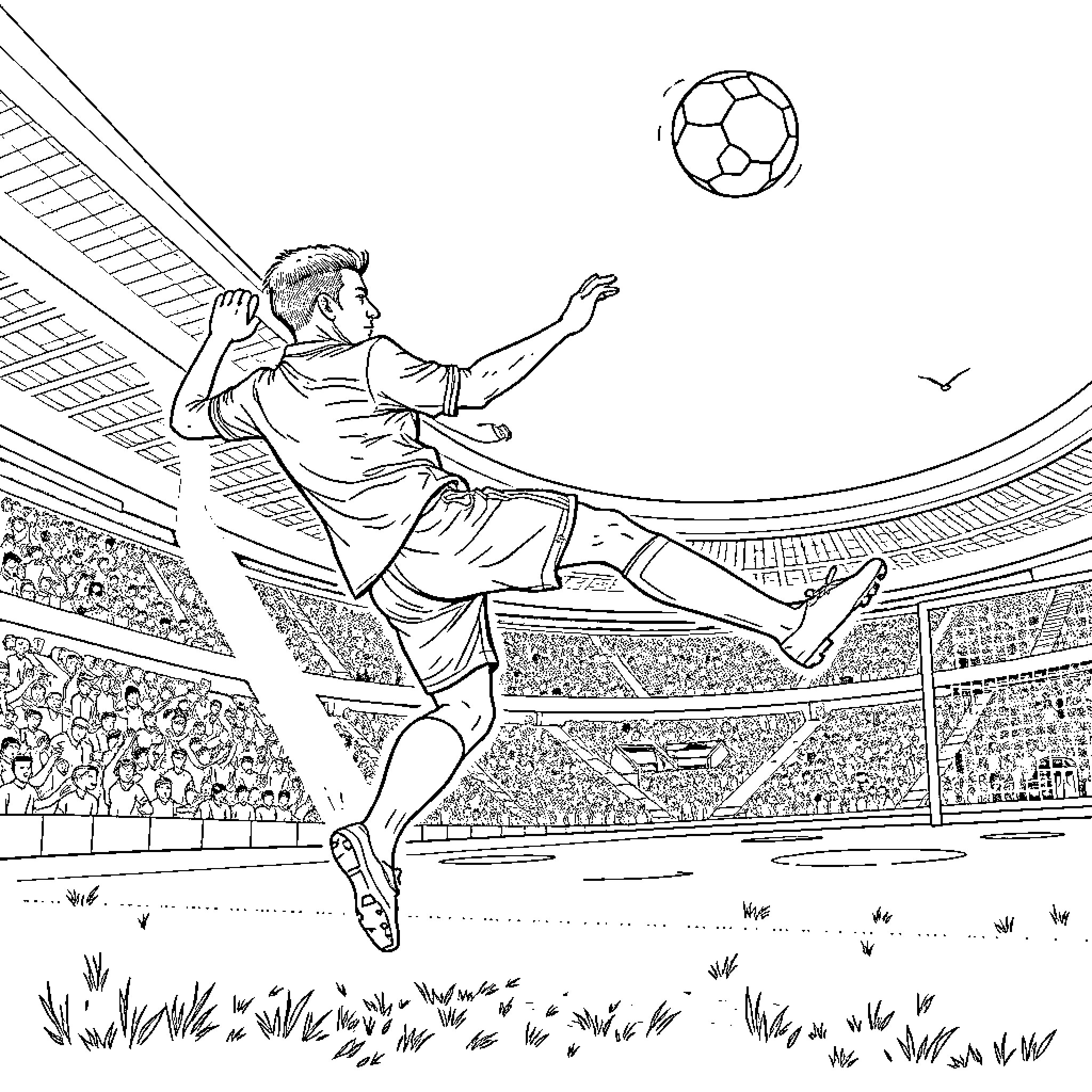 David Beckham playing soccer in a stadium Coloring Page (free black-and-white line drawing printable PDF for all, from beginners to advanced learners, including children, teens, adults, and seniors)