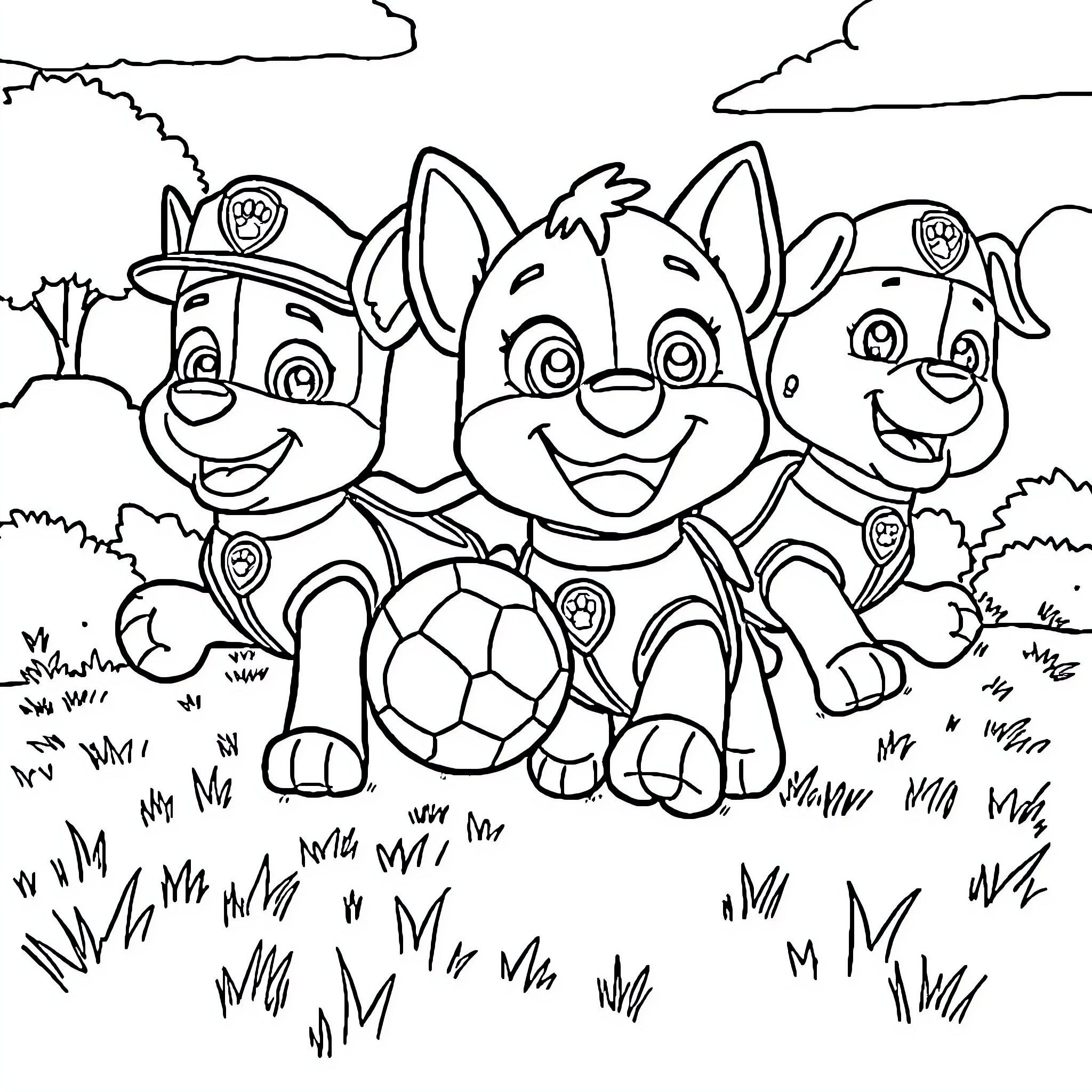 Bluey characters playing together in the park Coloring Page (free black-and-white line drawing printable PDF for all, from beginners to advanced learners, including children, teens, adults, and seniors)