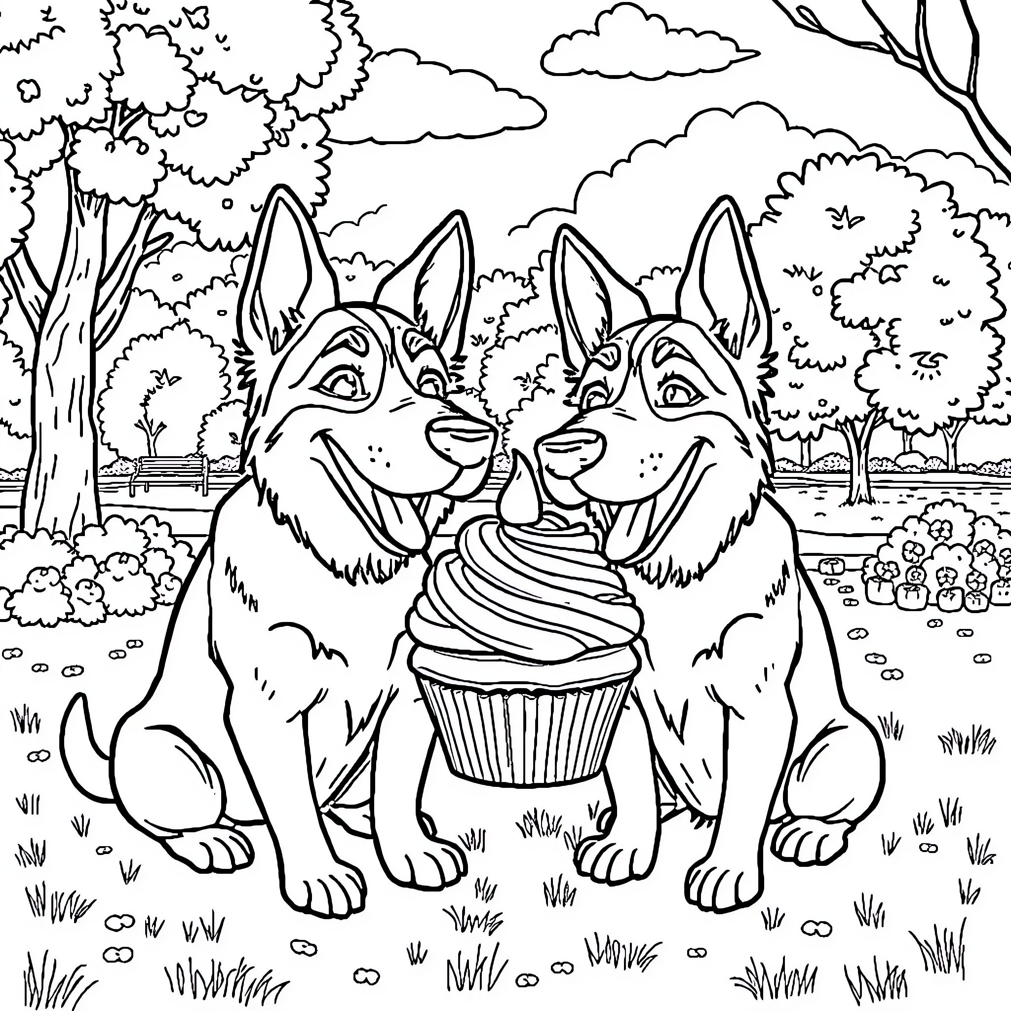 Dog friends enjoy a tasty treat in the park Coloring Page (free black-and-white line drawing printable PDF for all, from beginners to advanced learners, including children, teens, adults, and seniors)