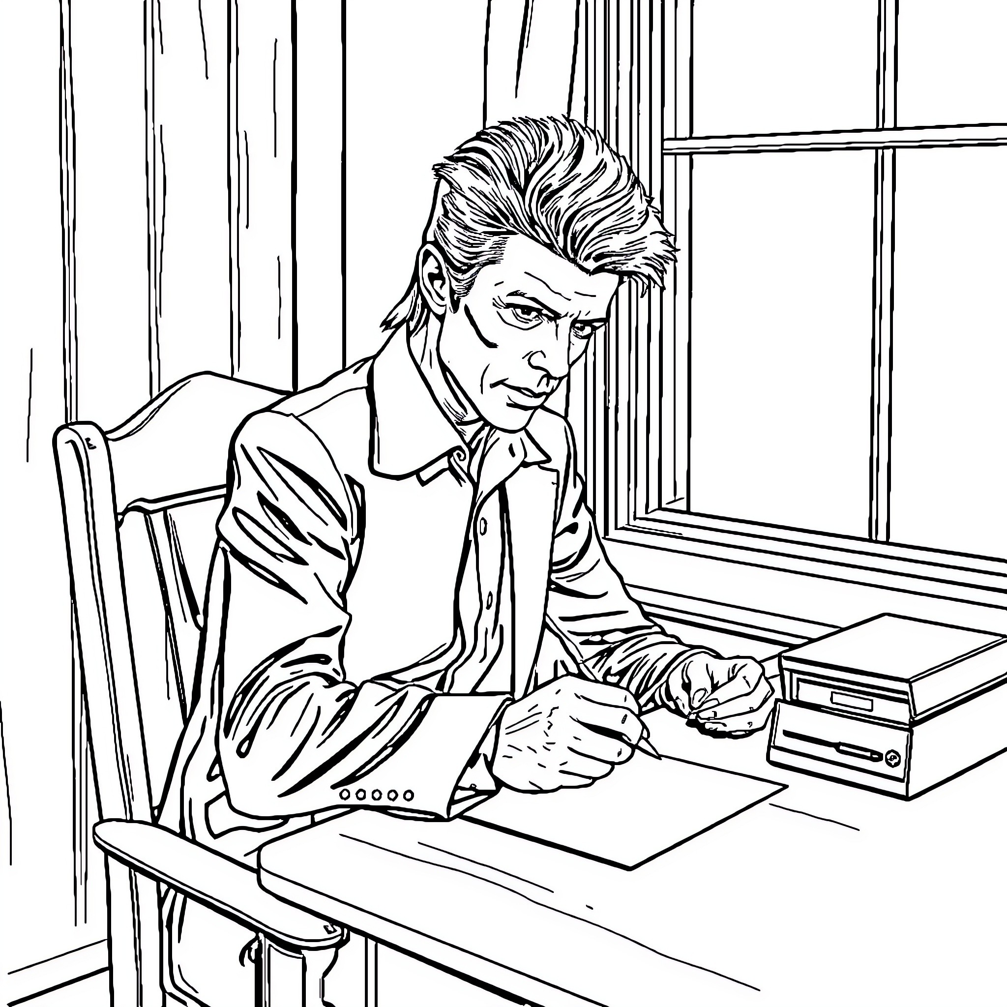 David Bowie Sitting at Desk, Lost in Thought Coloring Page (free black-and-white line drawing printable PDF for all, from beginners to advanced learners, including children, teens, adults, and seniors)