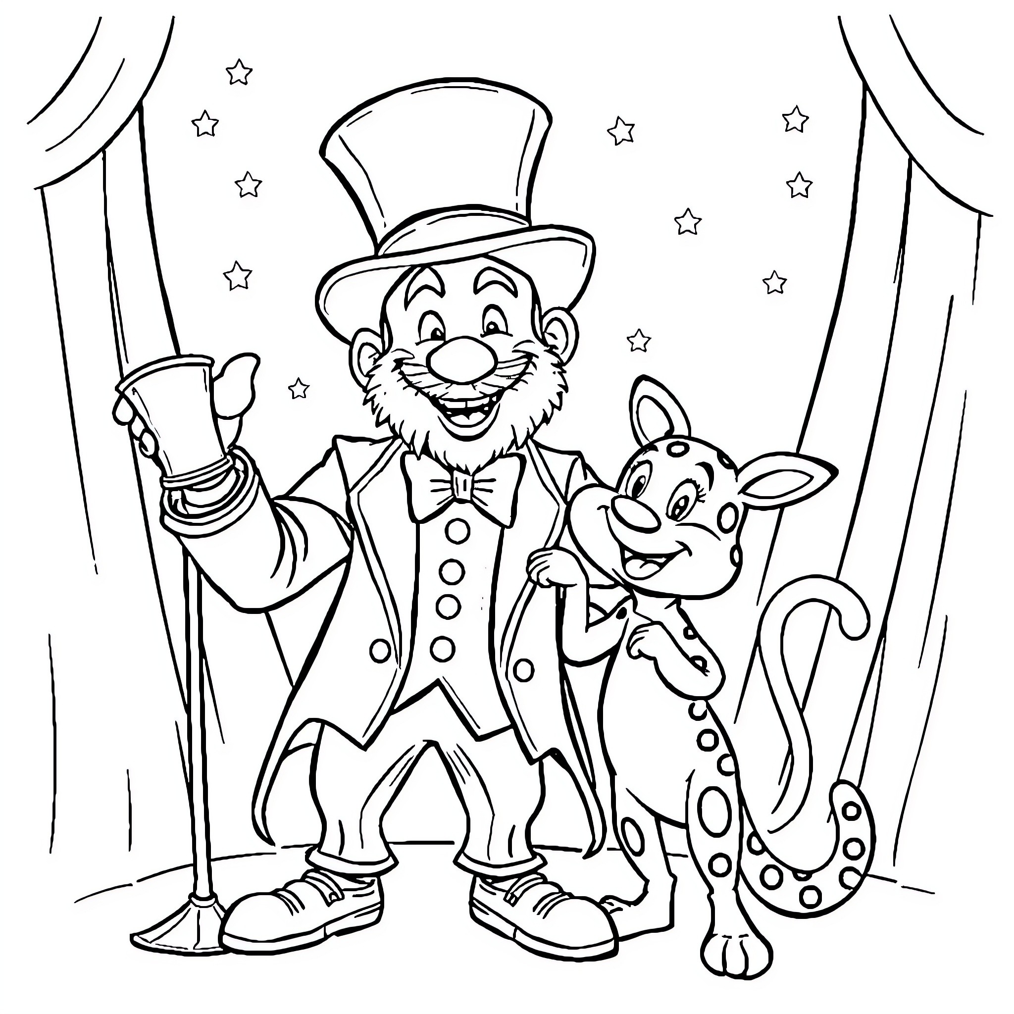 Magician and his friendly companion perform on stage Coloring Page (free black-and-white line drawing printable PDF for all, from beginners to advanced learners, including children, teens, adults, and seniors)