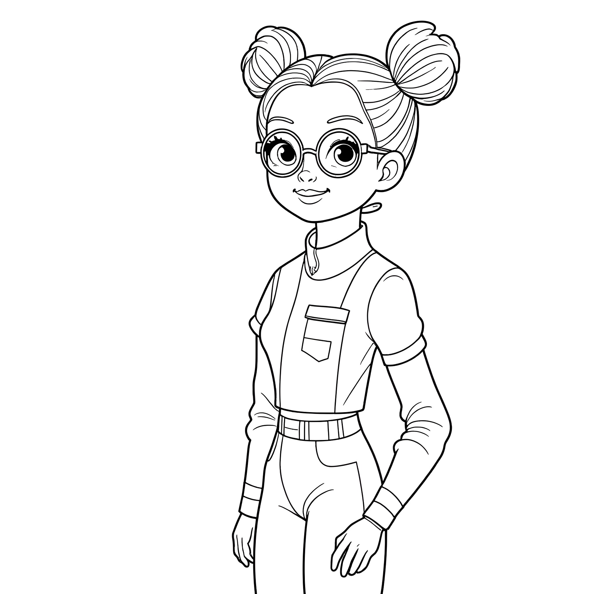Girl in casual outfit with buns hairstyle Coloring Page (free black-and-white line drawing printable PDF for all, from beginners to advanced learners, including children, teens, adults, and seniors)