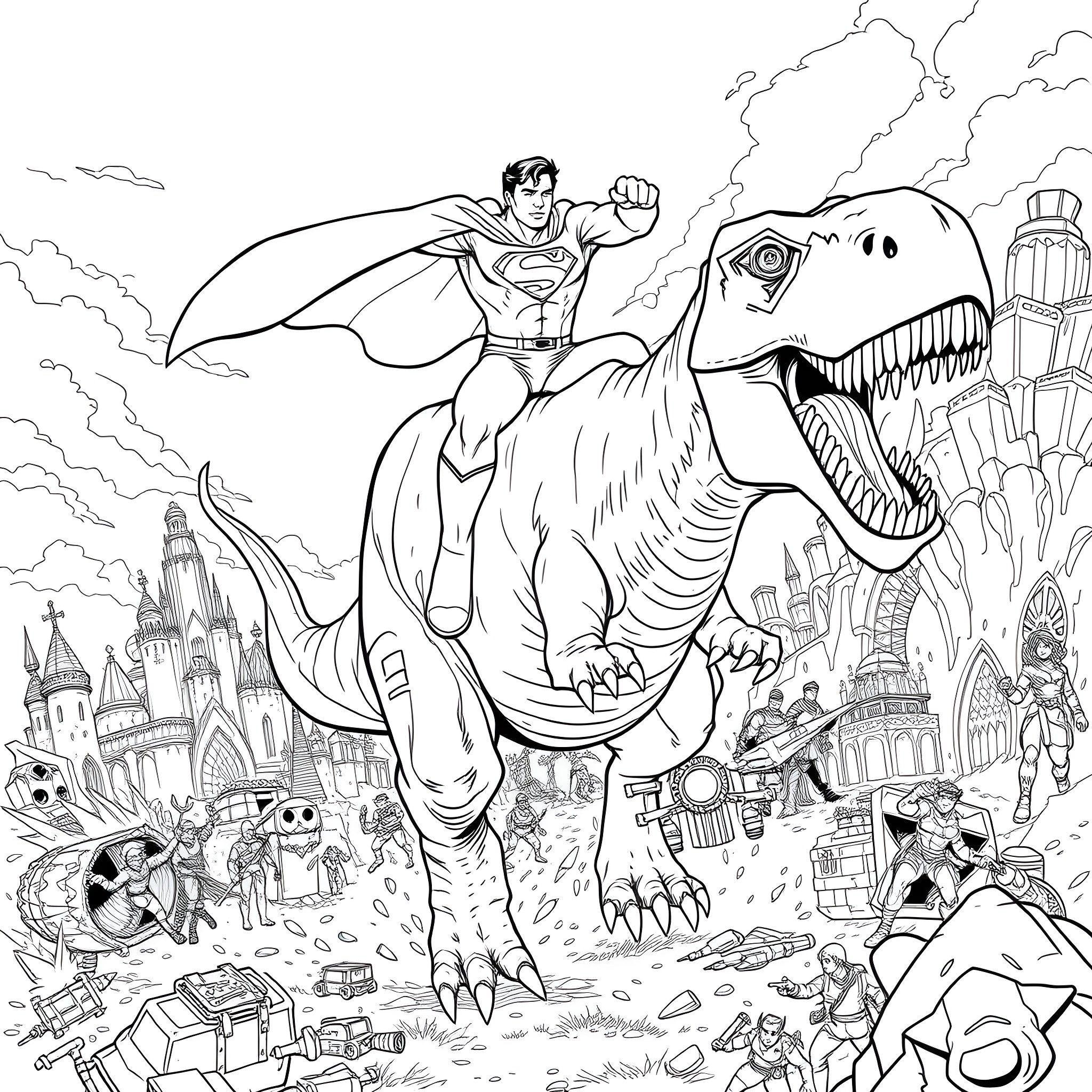 Superman Battles Monstrous Foe Amidst Cityscape Coloring Page (free black-and-white line drawing printable PDF for all, from beginners to advanced learners, including children, teens, adults, and seniors)