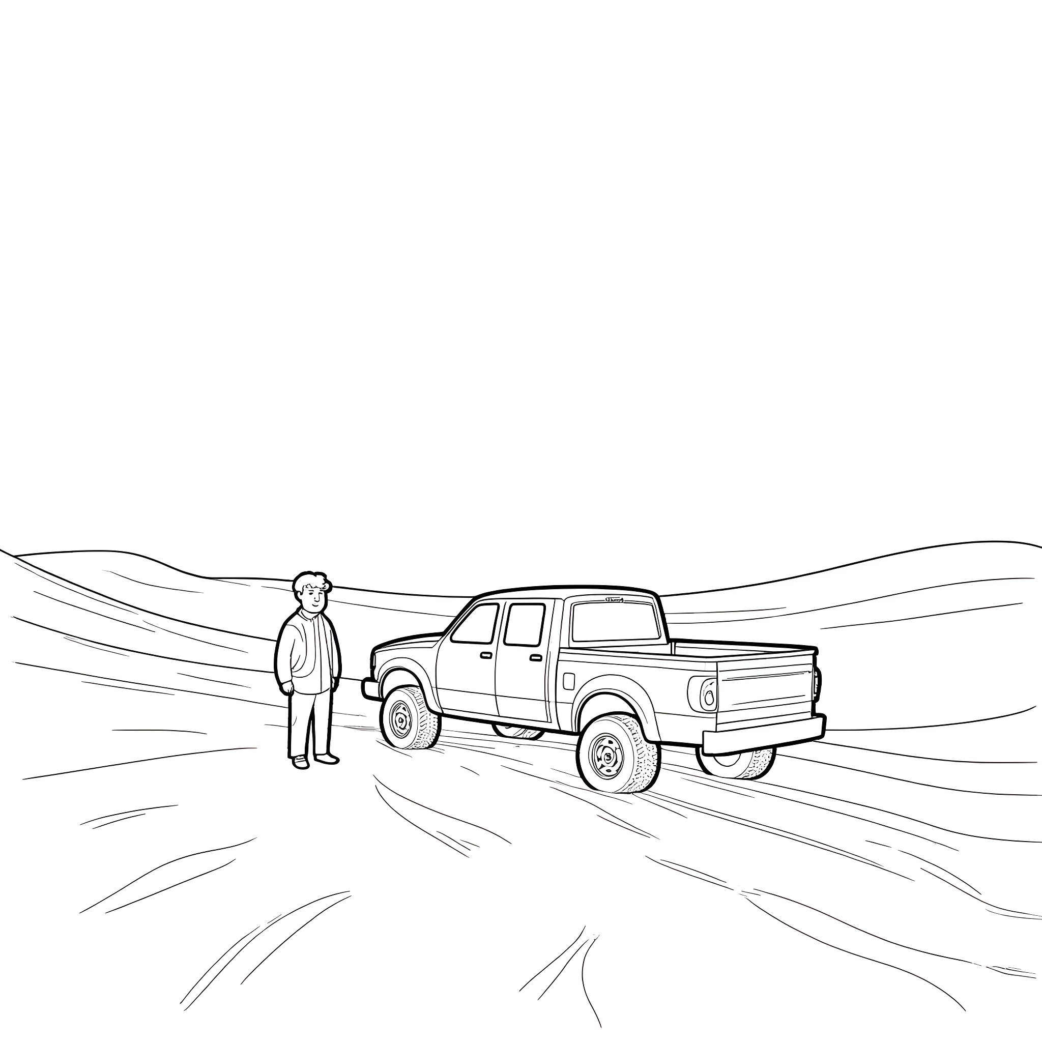 Man standing near pickup truck on rural road Coloring Page (free black-and-white line drawing printable PDF for all, from beginners to advanced learners, including children, teens, adults, and seniors)