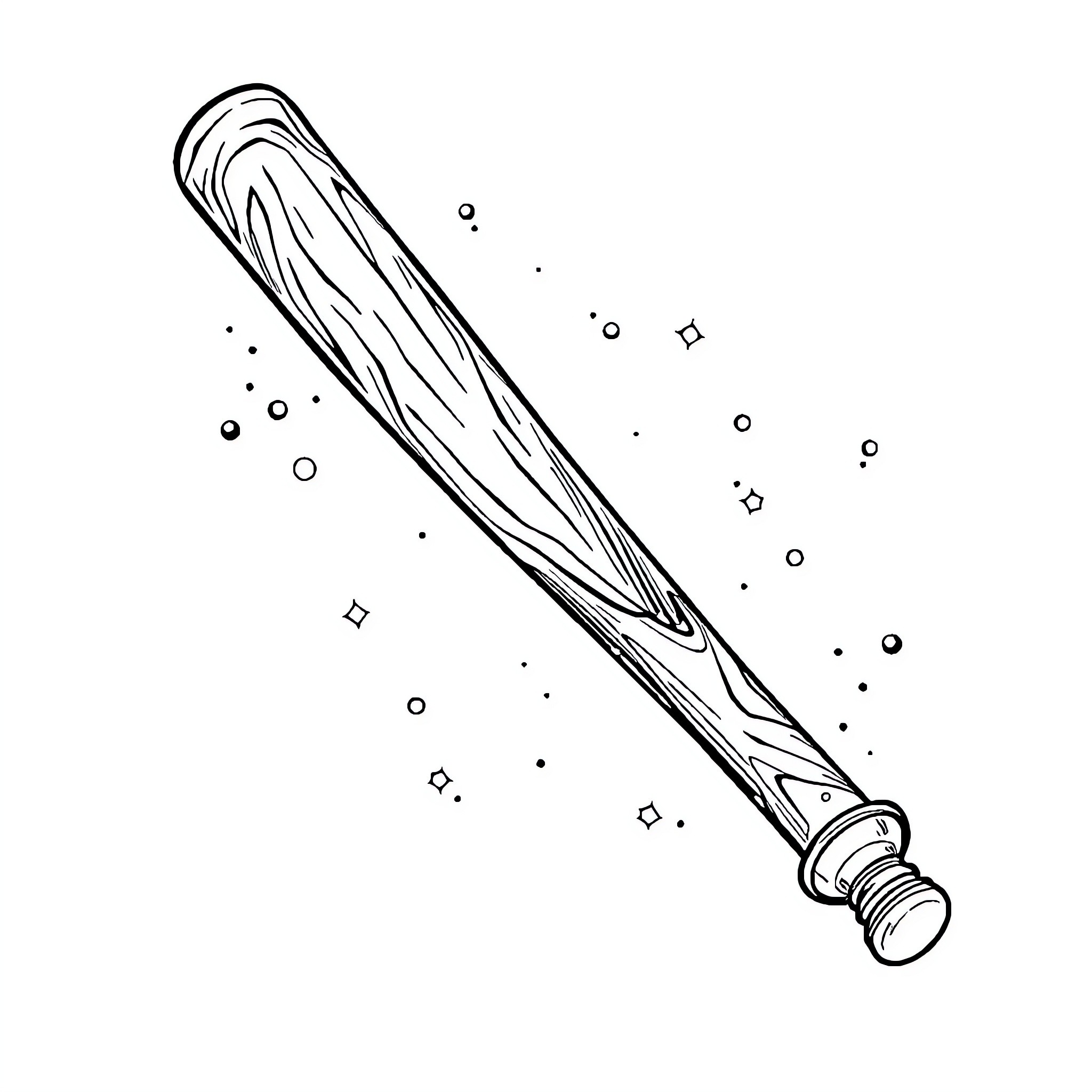 Baseball Bat with Magical Sparkles Coloring Page (free black-and-white line drawing printable PDF for all, from beginners to advanced learners, including children, teens, adults, and seniors)