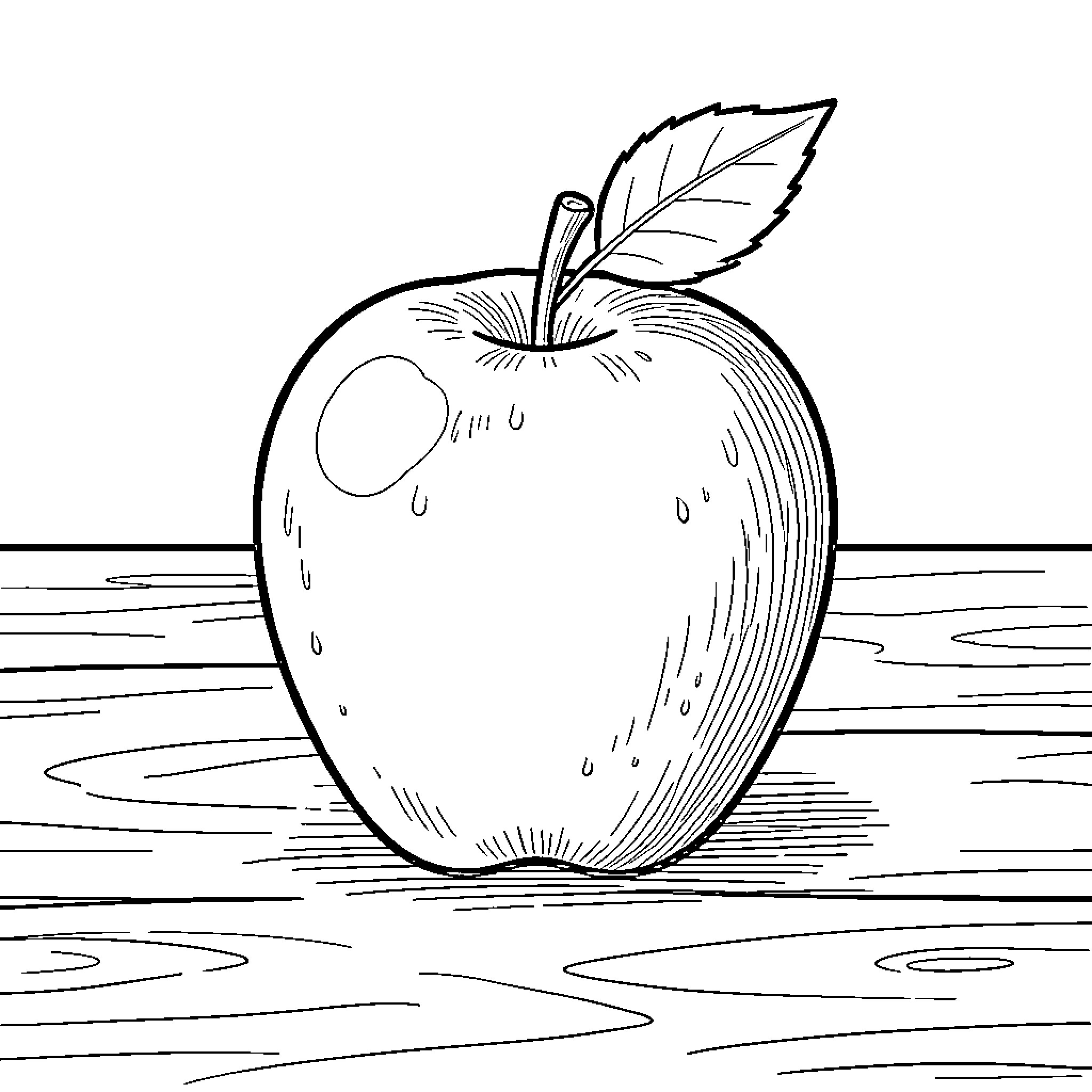 Apple on wooden table Coloring Page (free black-and-white line drawing printable PDF for all, from beginners to advanced learners, including children, teens, adults, and seniors)