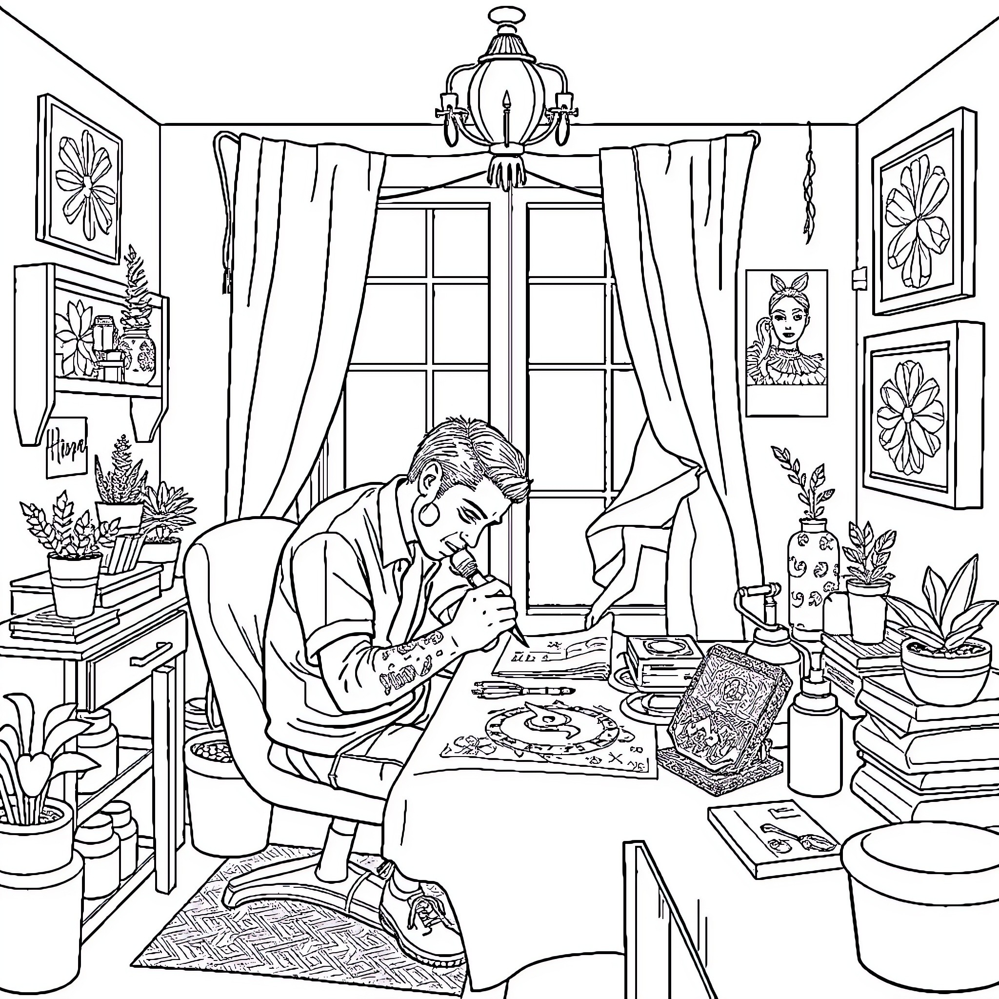 Tattoo Artist Sketching Designs in Cozy Studio Coloring Page (free black-and-white line drawing printable PDF for all, from beginners to advanced learners, including children, teens, adults, and seniors)