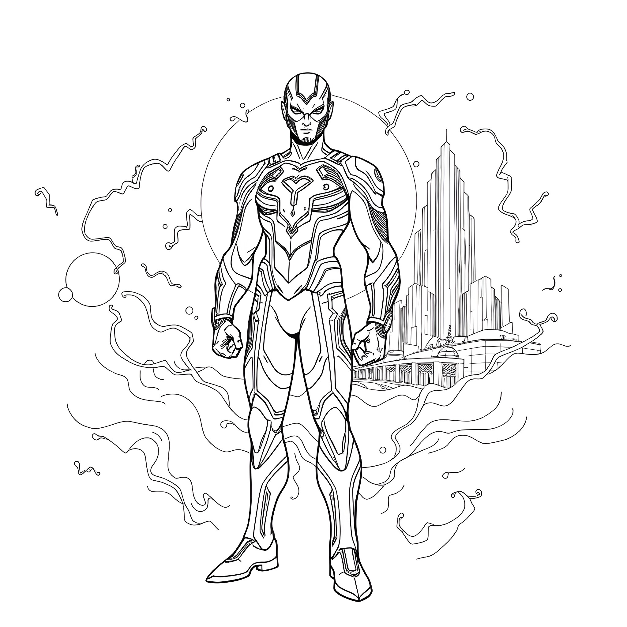 Sigma Man - Futuristic Superhero in Action Coloring Page (free black-and-white line drawing printable PDF for all, from beginners to advanced learners, including children, teens, adults, and seniors)