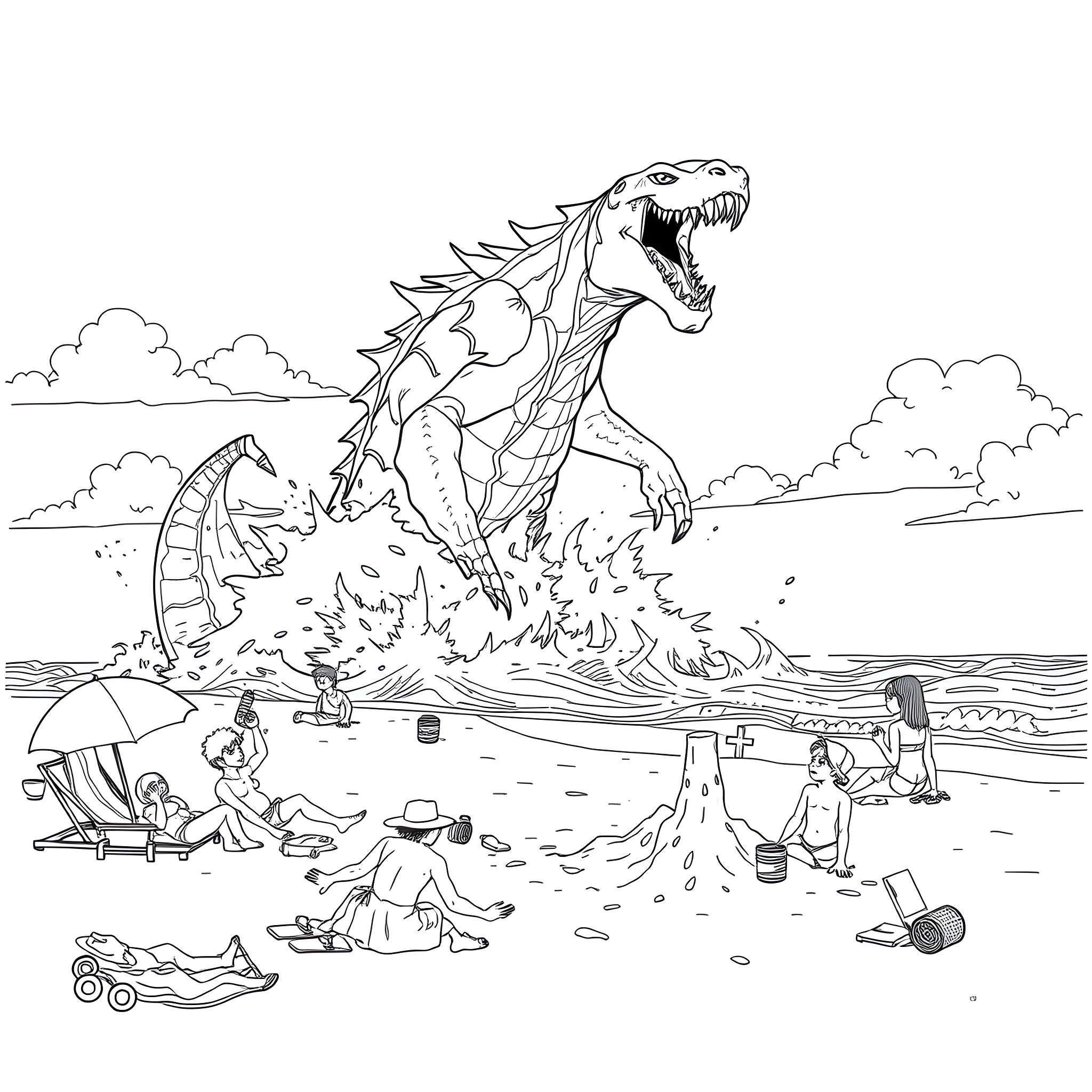 Monster Wreaking Havoc at the Beach Coloring Page (free black-and-white line drawing printable PDF for all, from beginners to advanced learners, including children, teens, adults, and seniors)