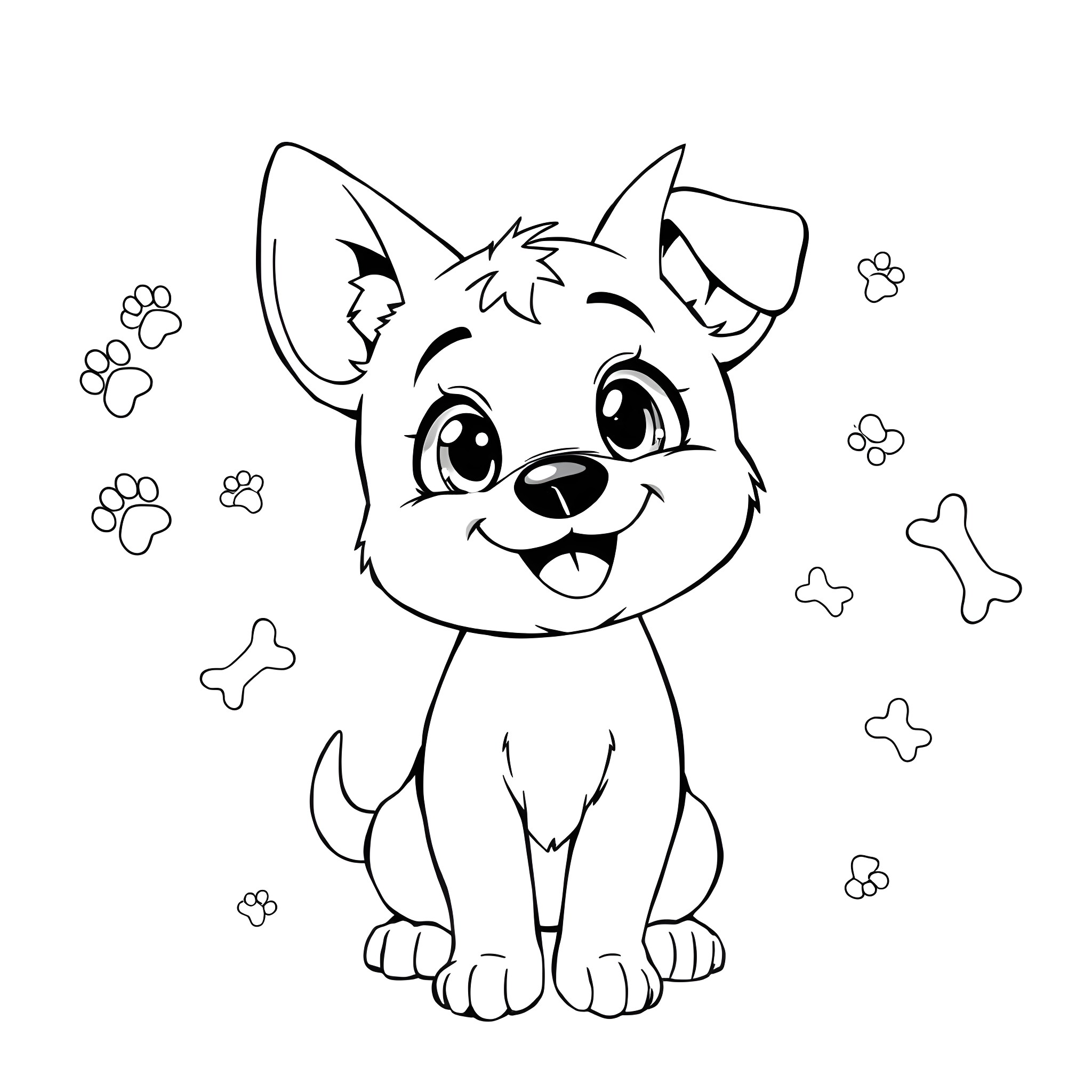 Dog having fun with paw prints Coloring Page (free black-and-white line drawing printable PDF for all, from beginners to advanced learners, including children, teens, adults, and seniors)