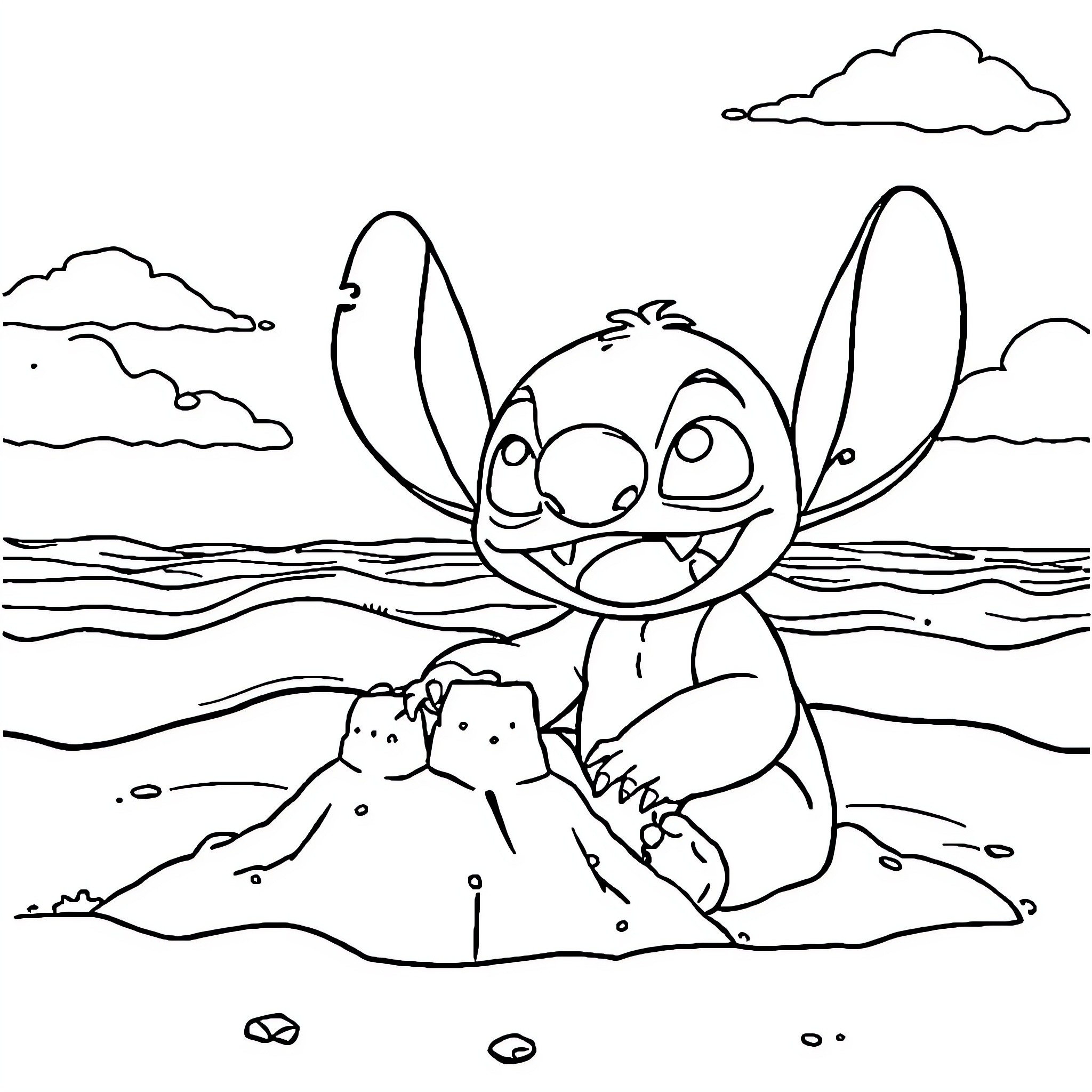 Stitch enjoying a day at the beach Coloring Page (free black-and-white line drawing printable PDF for all, from beginners to advanced learners, including children, teens, adults, and seniors)
