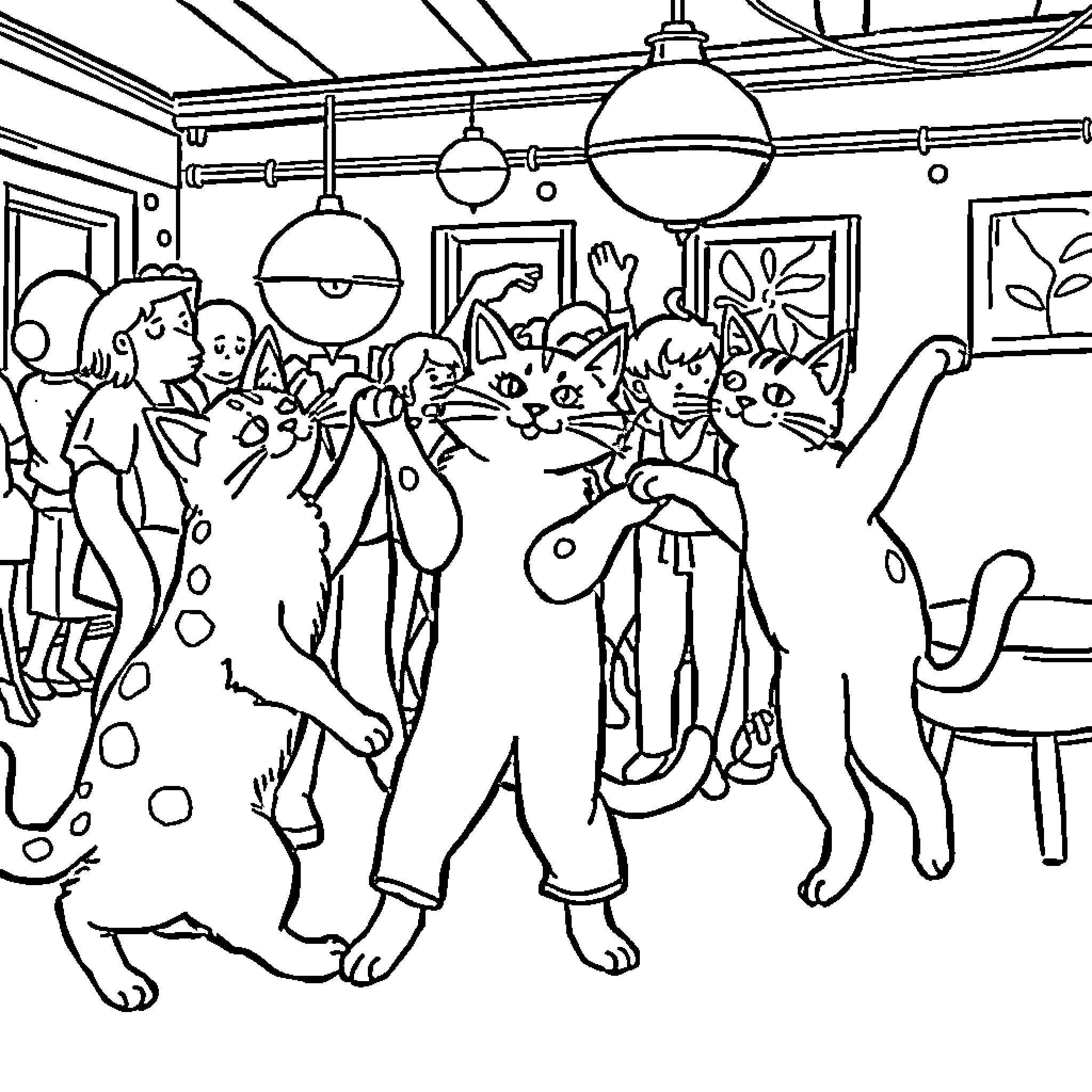 Cat Cafe with Playful Felines Coloring Page (free black-and-white line drawing printable PDF for all, from beginners to advanced learners, including children, teens, adults, and seniors)