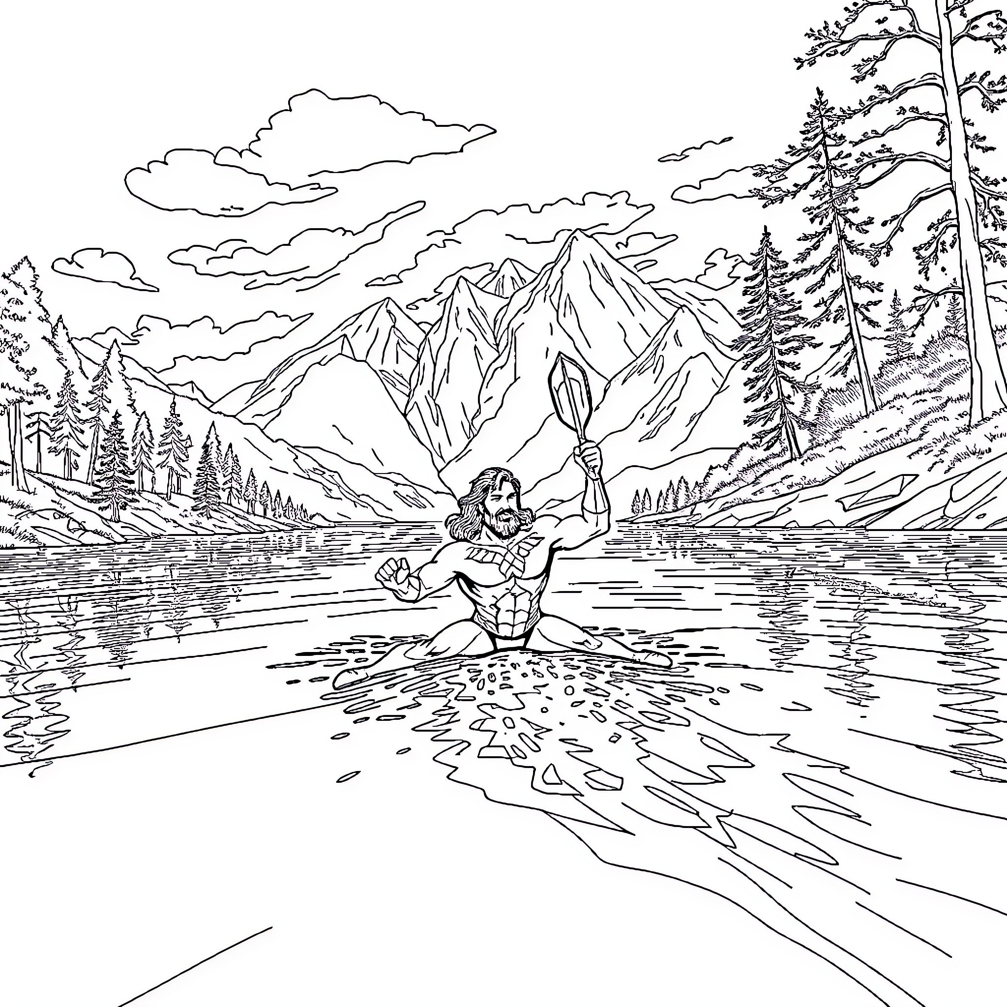 Aquaman exploring the rugged wilderness and serene waters Coloring Page (free black-and-white line drawing printable PDF for all, from beginners to advanced learners, including children, teens, adults, and seniors)