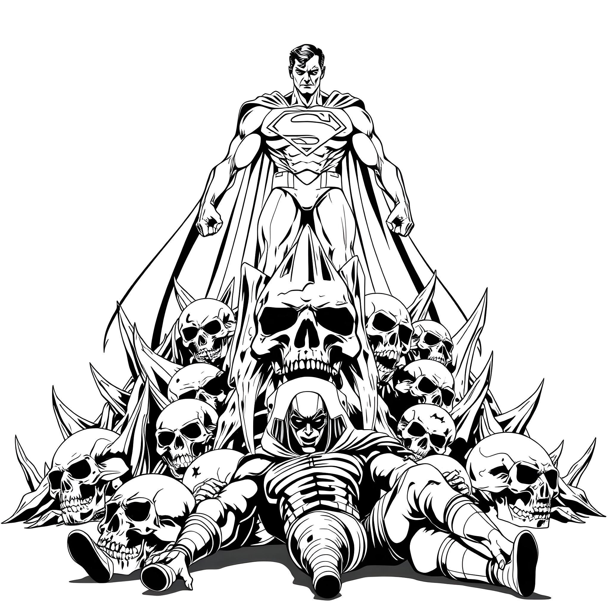Superman towering over a pile of skulls Coloring Page (free black-and-white line drawing printable PDF for all, from beginners to advanced learners, including children, teens, adults, and seniors)
